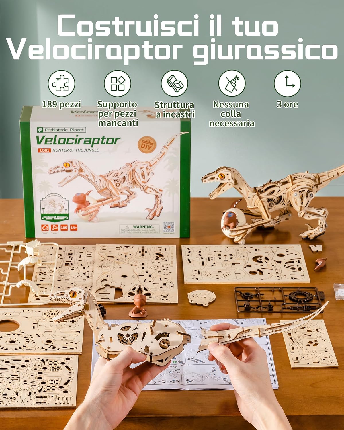 Thumbnail 4 de ROBOTIME LD01 Velociraptor 3D puzzle in legno 🦖