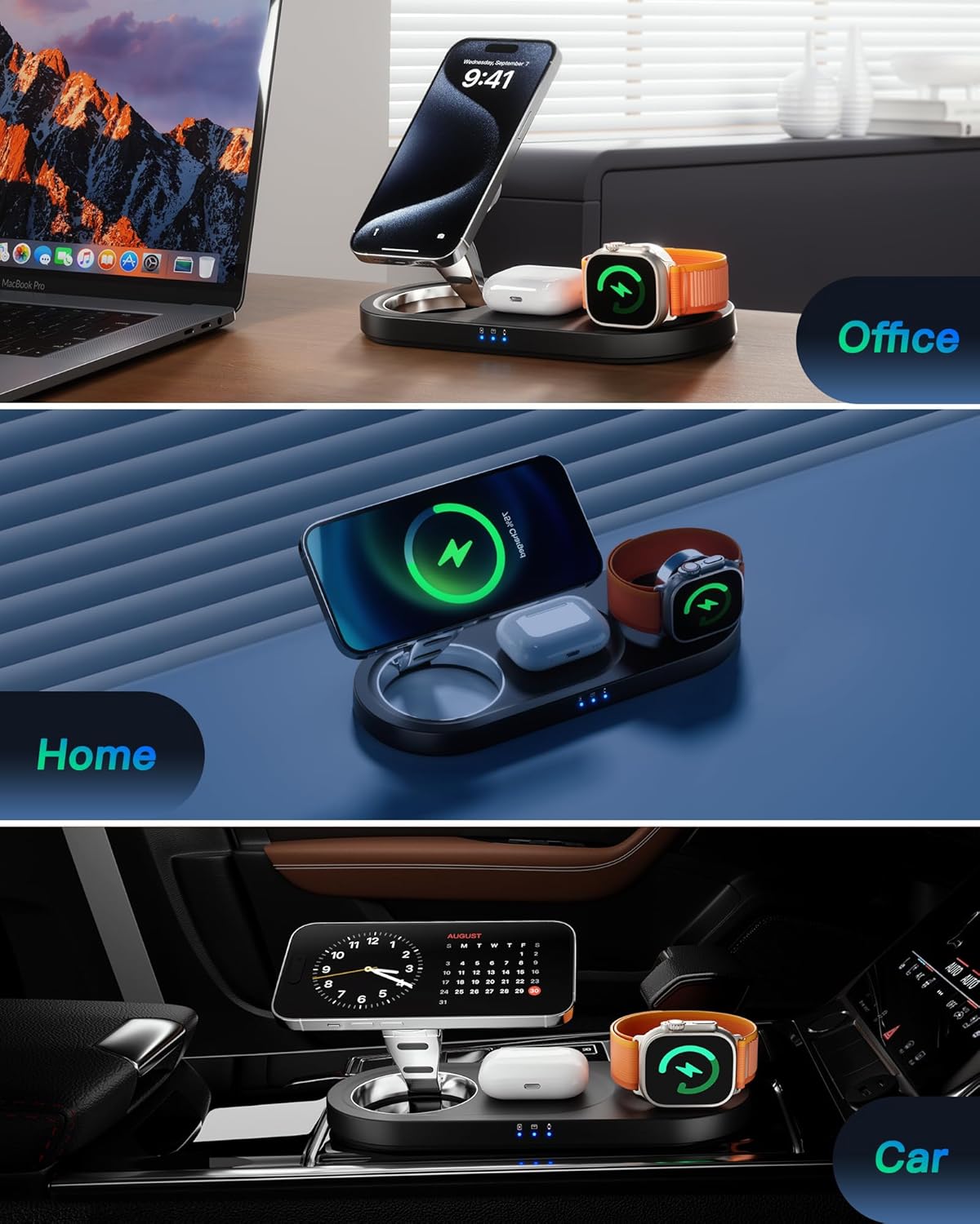 Thumbnail 6 de Upgraded 3-in-1 Wireless Charging Station for Apple Devices (Mag-Safe iPhone + Apple Watch + AirPods) — Black