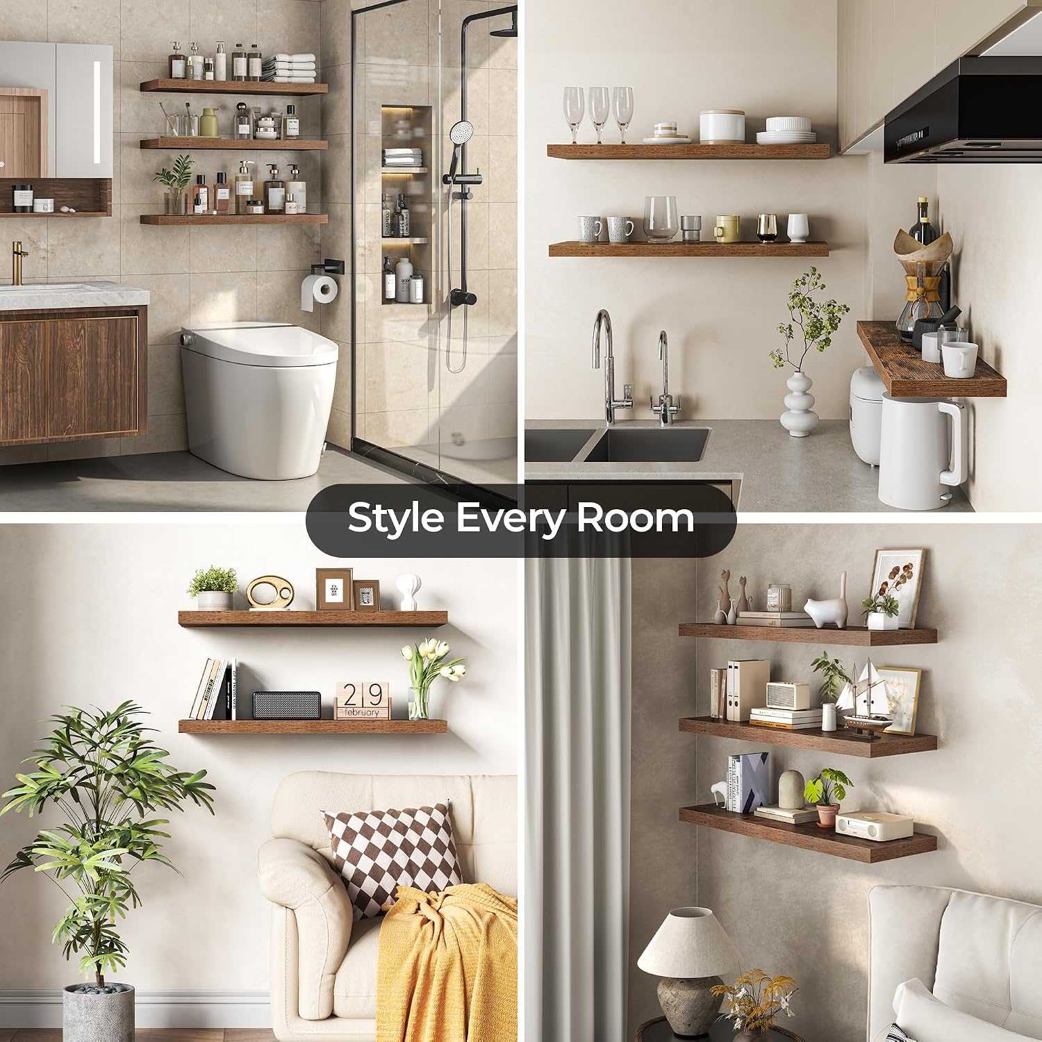 Thumbnail 6 de Fun Memories FS-MDF62 16-Inch Floating Shelves, 8-Inch Deep, Brown, 3-Pack