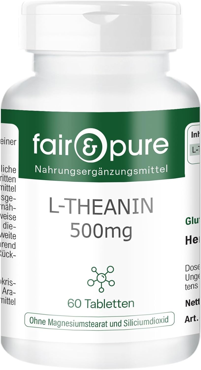 Detalle de Fair & Pure L-Theanin hochdosiert 500 mg, 60 Tabletten – veganes Nahrungsergänzungsmittel ohne Zusatzstoffe, hergestellt in Deutschland