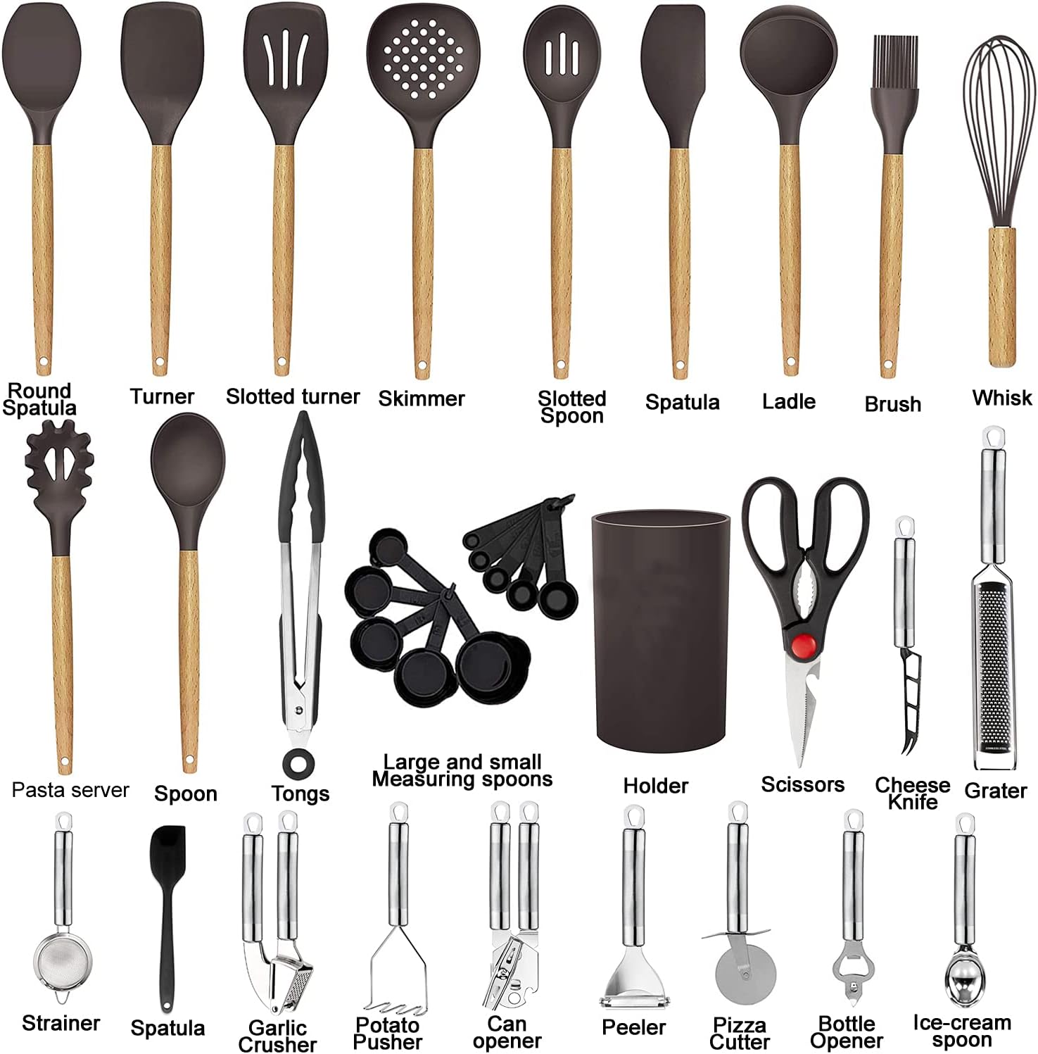 Detalle 2 de 35-Piece Cooking Utensils Set Silicone Wooden Handles
