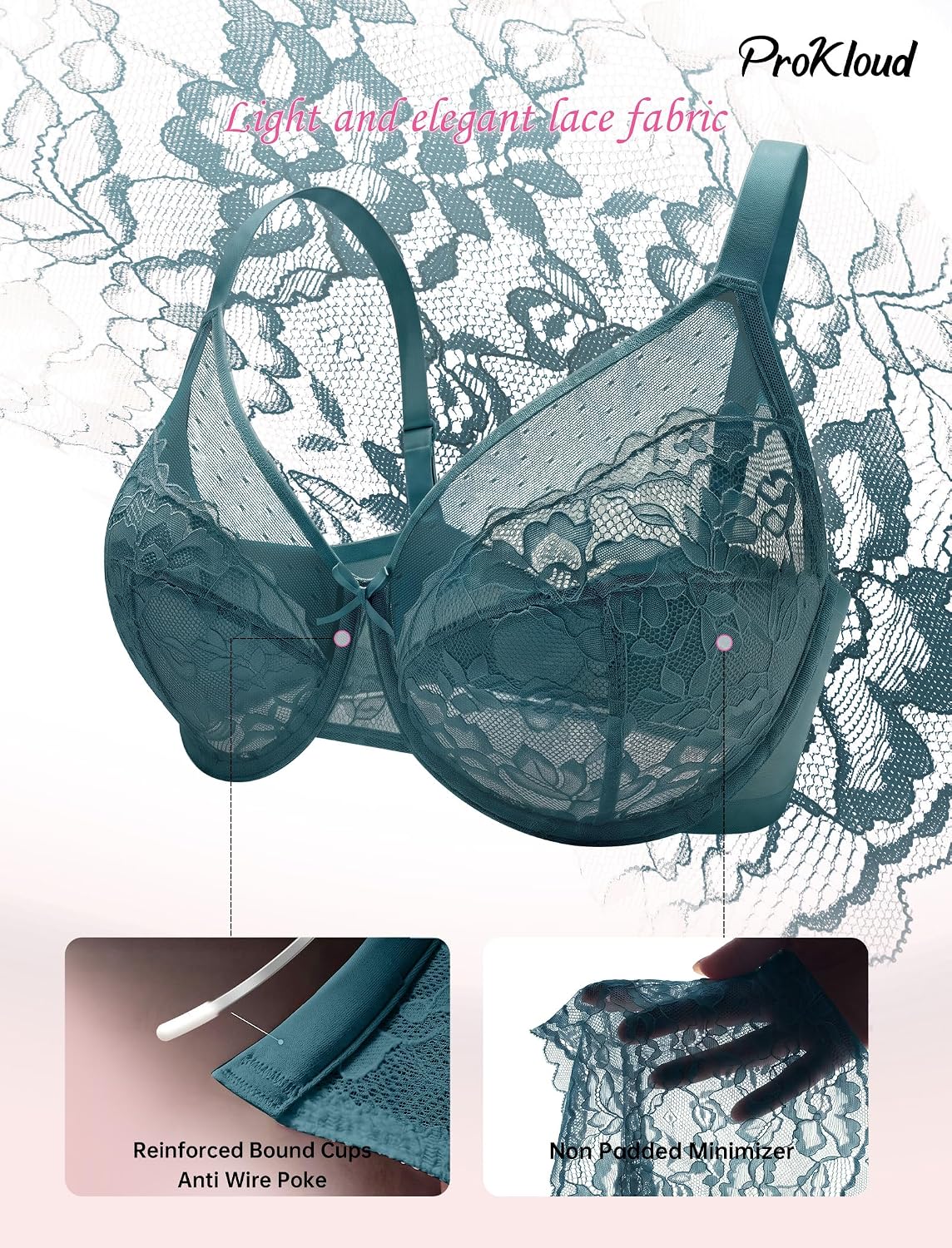 Detalle 2 de ProKloud Minimizer Bra, Full Coverage Unlined Lace with Underwire Support