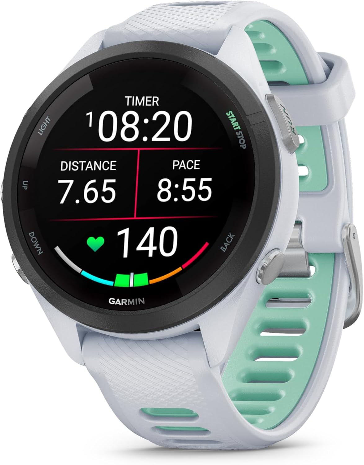 Thumbnail 1 de Garmin Forerunner 265S — Montre GPS de Running avec écran AMOLED, boîtier 42 mm, blanc et bracelet silicone blanc/vert