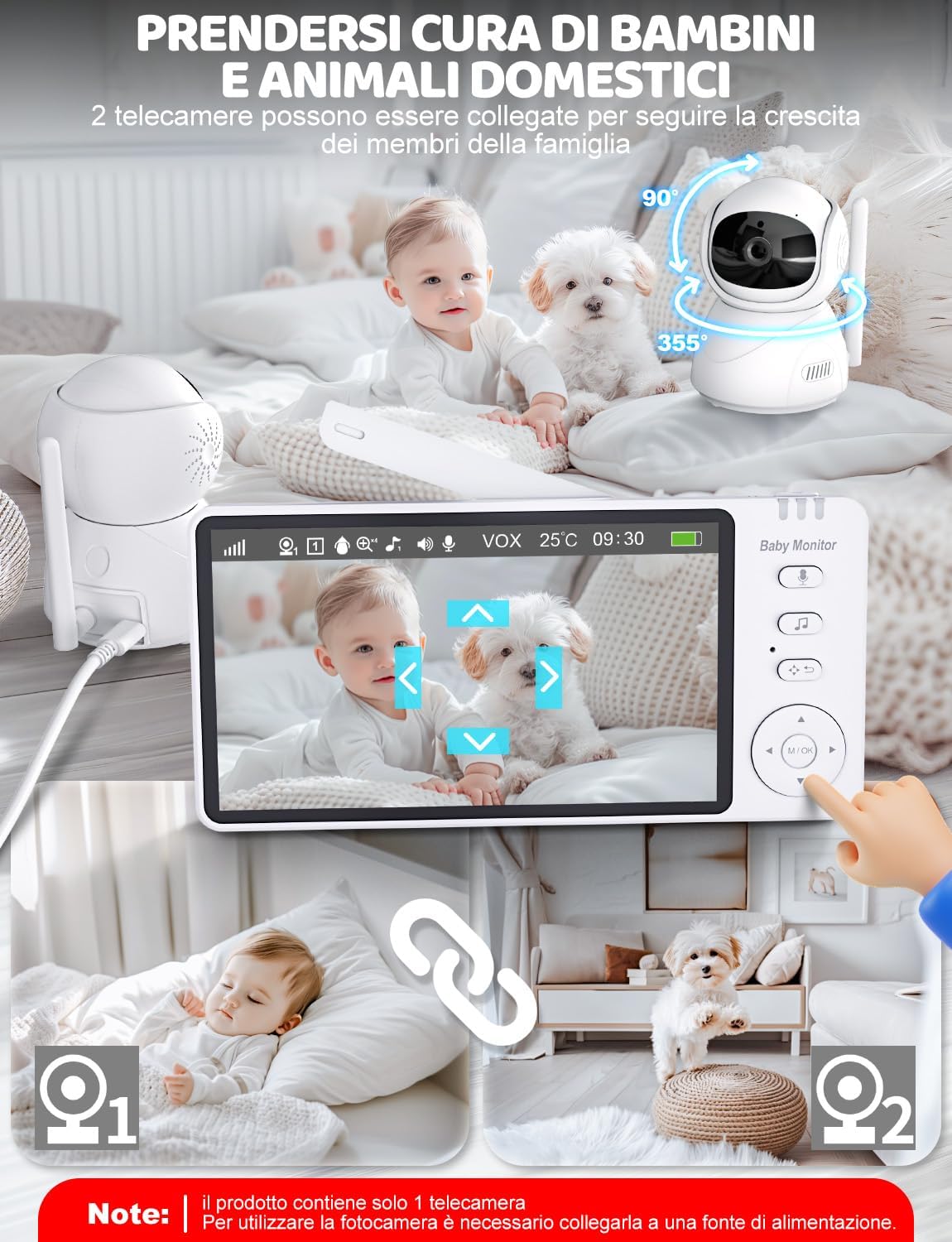 Thumbnail 4 de BURNNOVE Baby Monitor Video e Audio da 5” con videocamera 720P, visione notturna e PTZ 355° (senza Wi‑Fi)