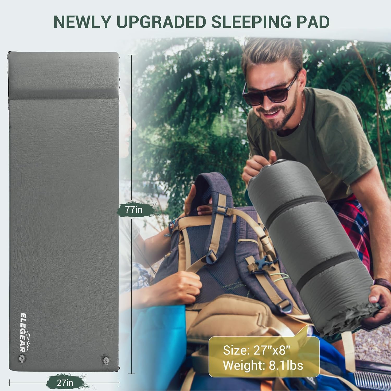 Thumbnail 4 de Elegear Self Inflating Sleeping Pad (77" x 27" x 3.15") with Memory Foam & Pillow, R-9.5 Insulated Camping Mat