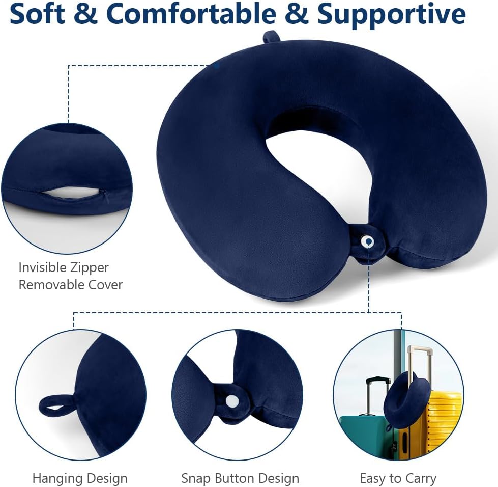 Thumbnail 3 de URAQT Cuscino da Viaggio in Memory Foam a Forma di U – Supporto cervicale portatile Blu Navy
