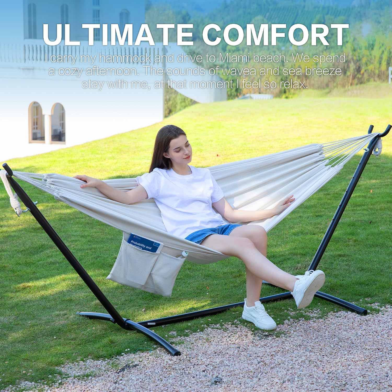 Detalle 2 de PNAEUT A01YSB01008 Double Hammock with Steel Stand, Beige, 450 lb Capacity