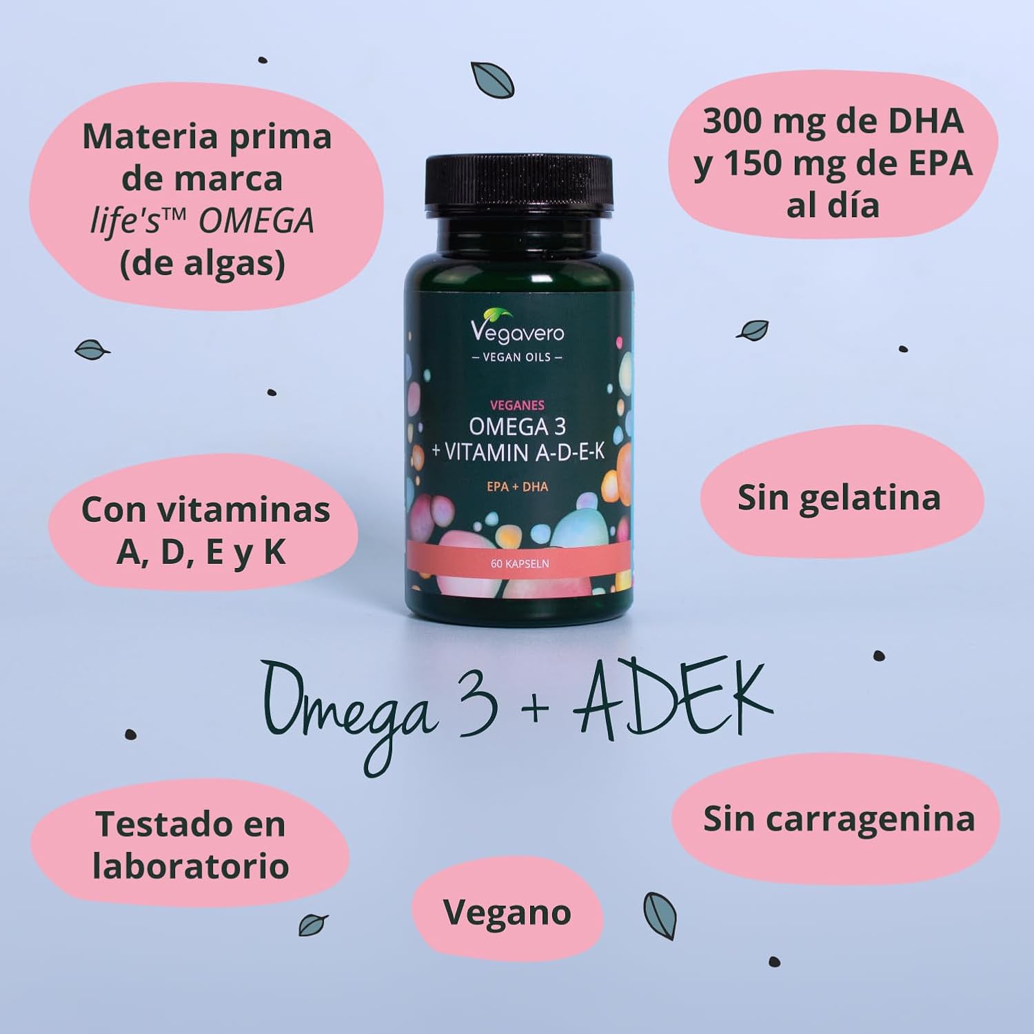 Detalle de Vegavero Omega 3 EPA/DHA con Vitaminas 🌱