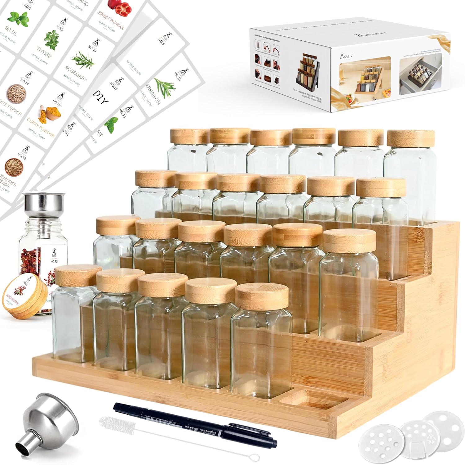 Detalle de SAEIV kruidenpotjesset met bamboe dienblad, 24 potjes van 120 ml