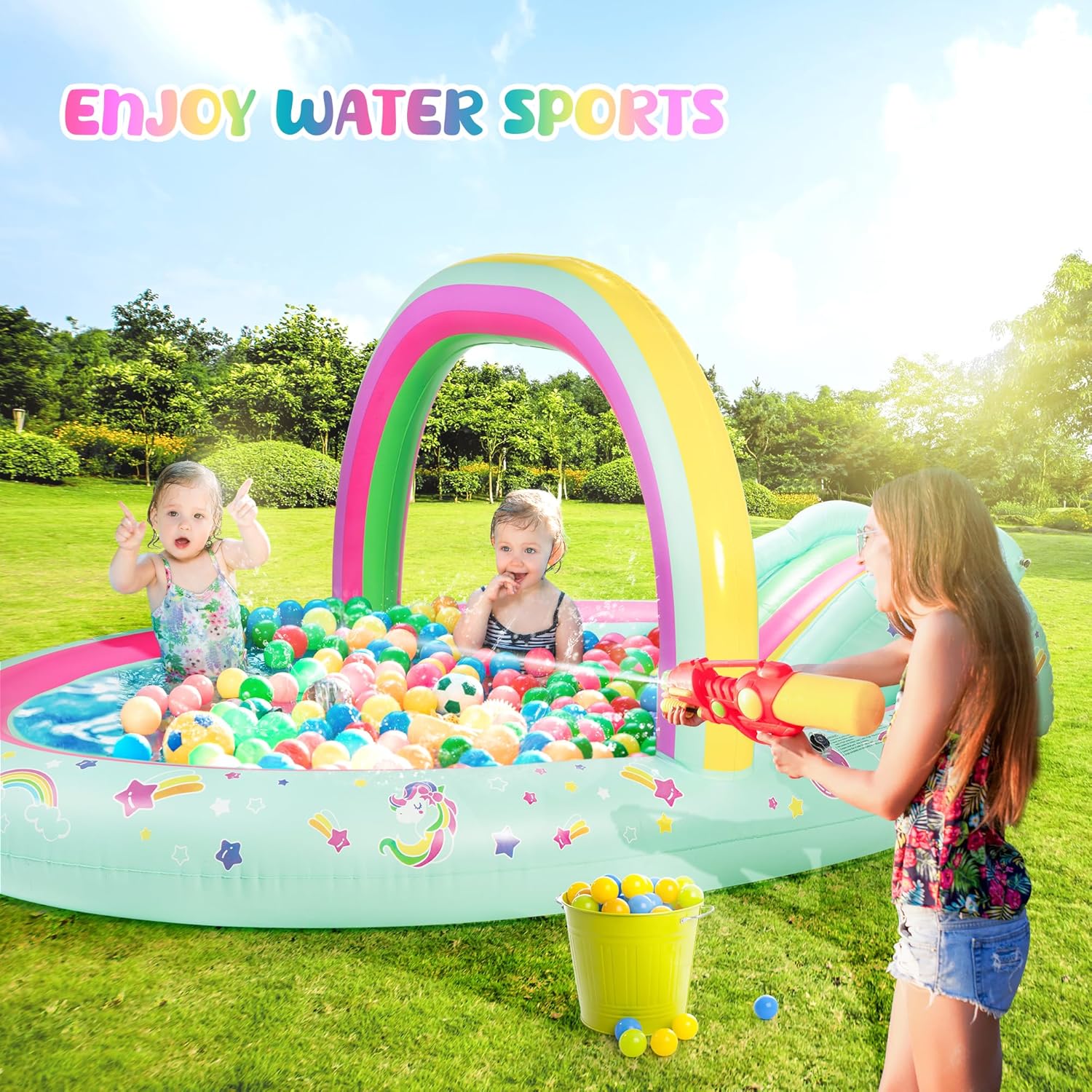Thumbnail 6 de SULIFEEL Rainbow Unicorn Inflatable Play Center: 96'' x 59'' x 39'' Kiddie Pool with Slide and Sprinkler