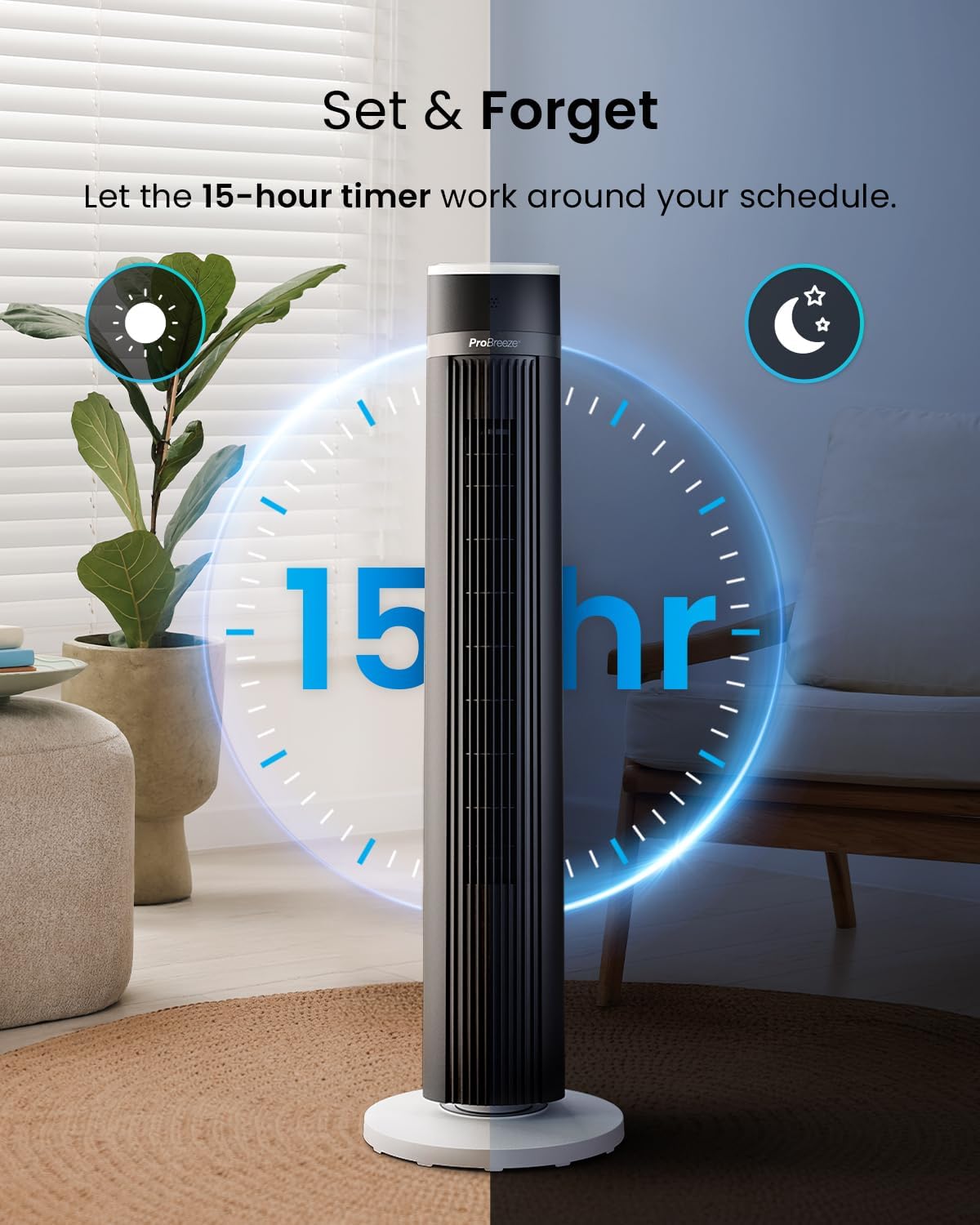Thumbnail 4 de Pro Breeze 40-Inch Bladeless Tower Fan with Remote Control — Quiet 45W, 90° Oscillation, 15H Timer