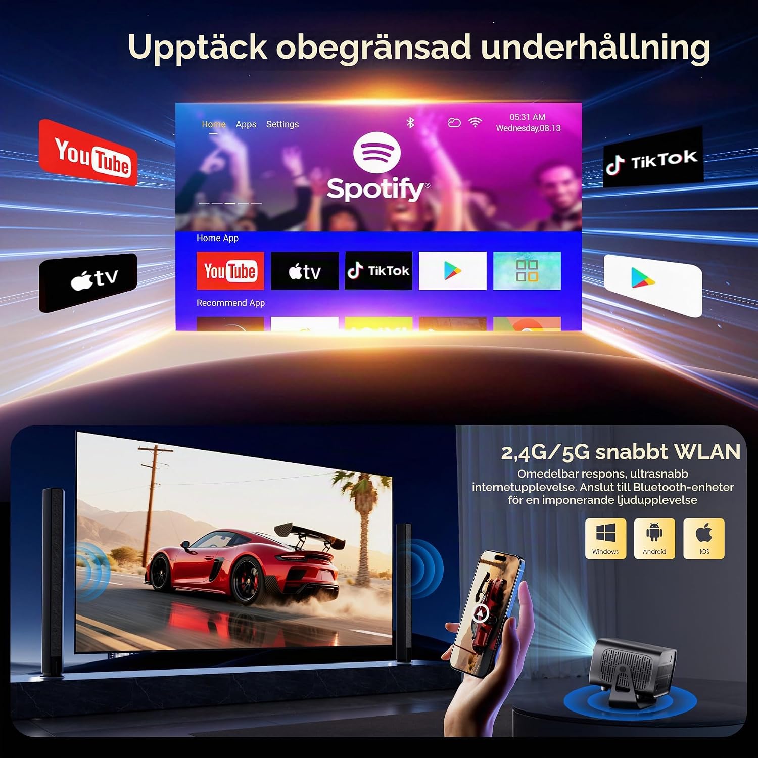 Detalle 2 de ZENTALITY miniprojektor med Full HD 1080p, Android 13 och autofokus