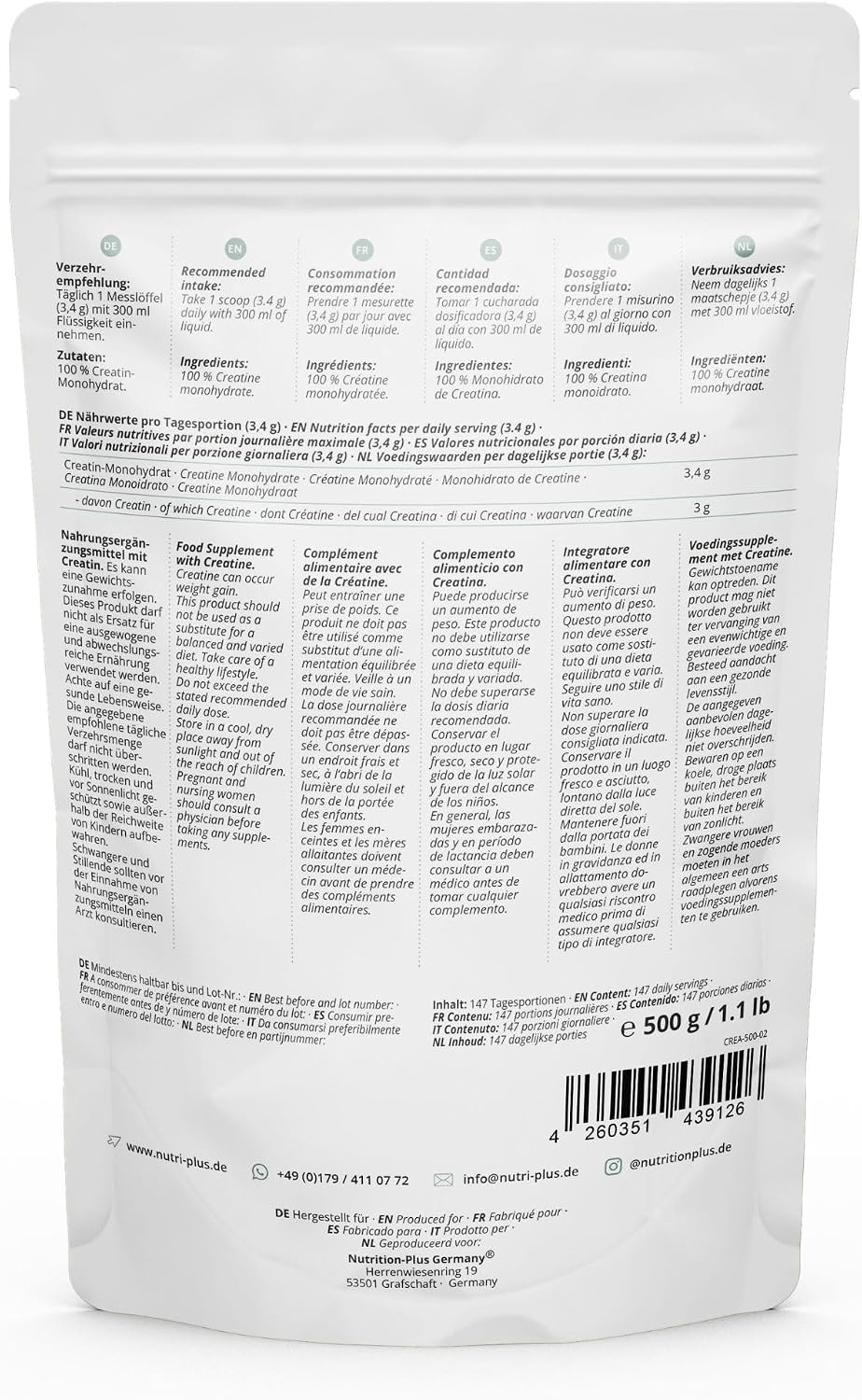 Detalle de Nutri + Creatine Monohydraat 500 g, neutraal poeder met Mono Mesh 200