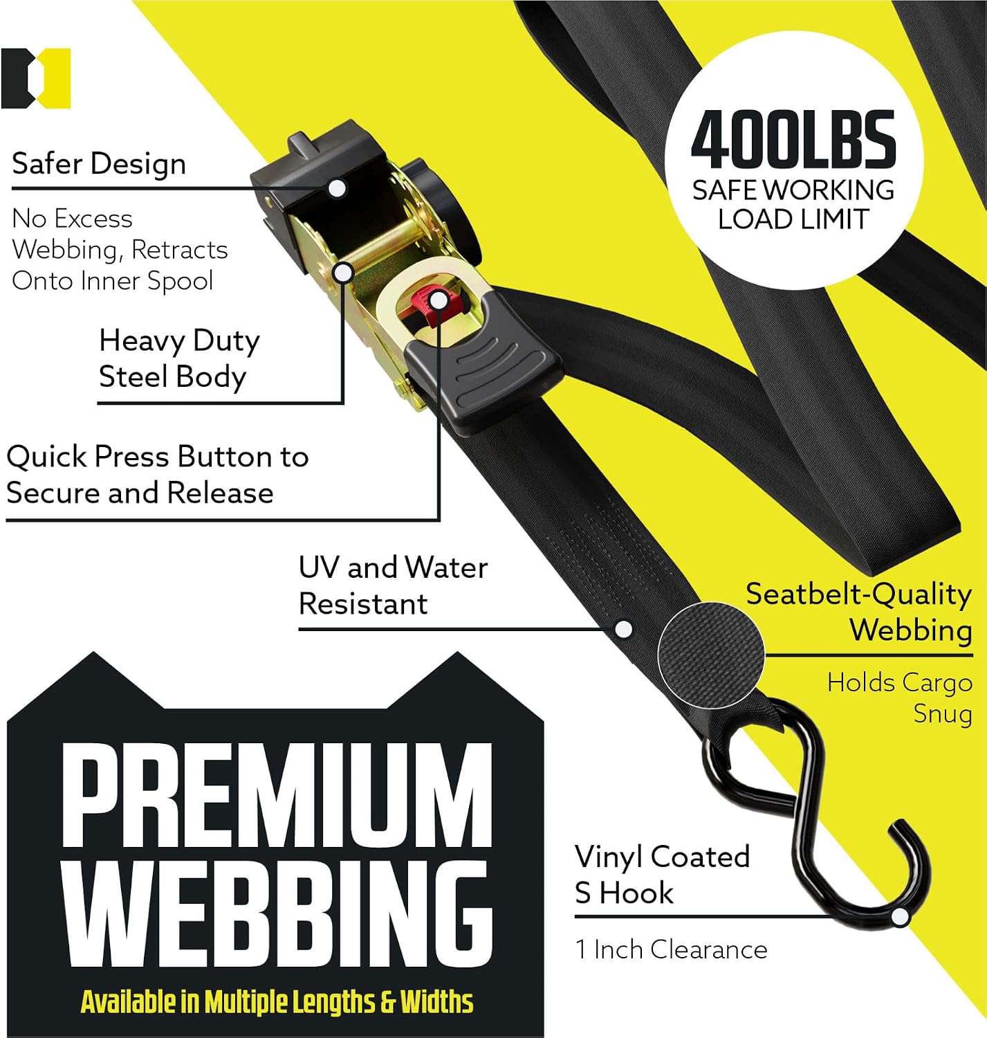 Detalle de DC Cargo Mall Auto Retractable Ratchet Straps 1,209 lb Break Strength