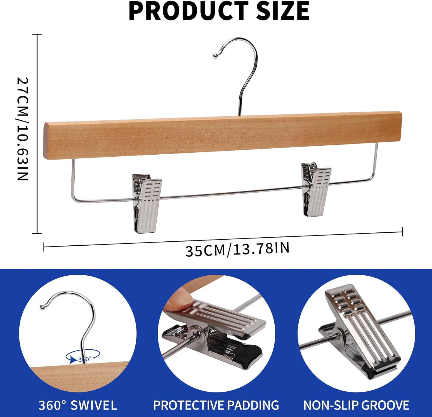 Detalle de LANSHINE 35,5 cm Hosenbügel aus Naturholz – 20er-Pack mit verstellbaren Anti-Rutsch-Clips