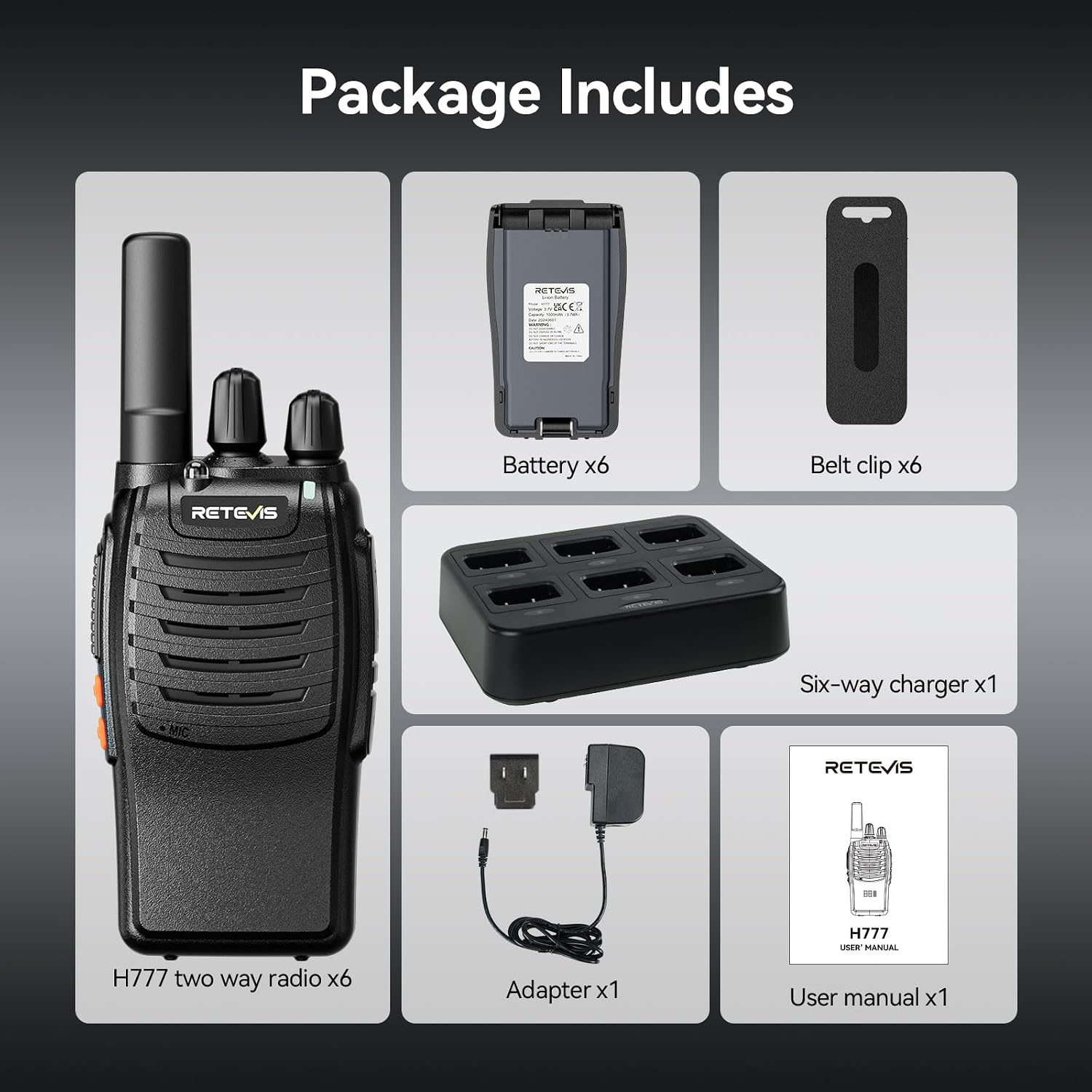 Thumbnail 6 de Retevis H-777 FRS Walkie-Talkies, 6-Pack with USB-C and Six-Way Charger