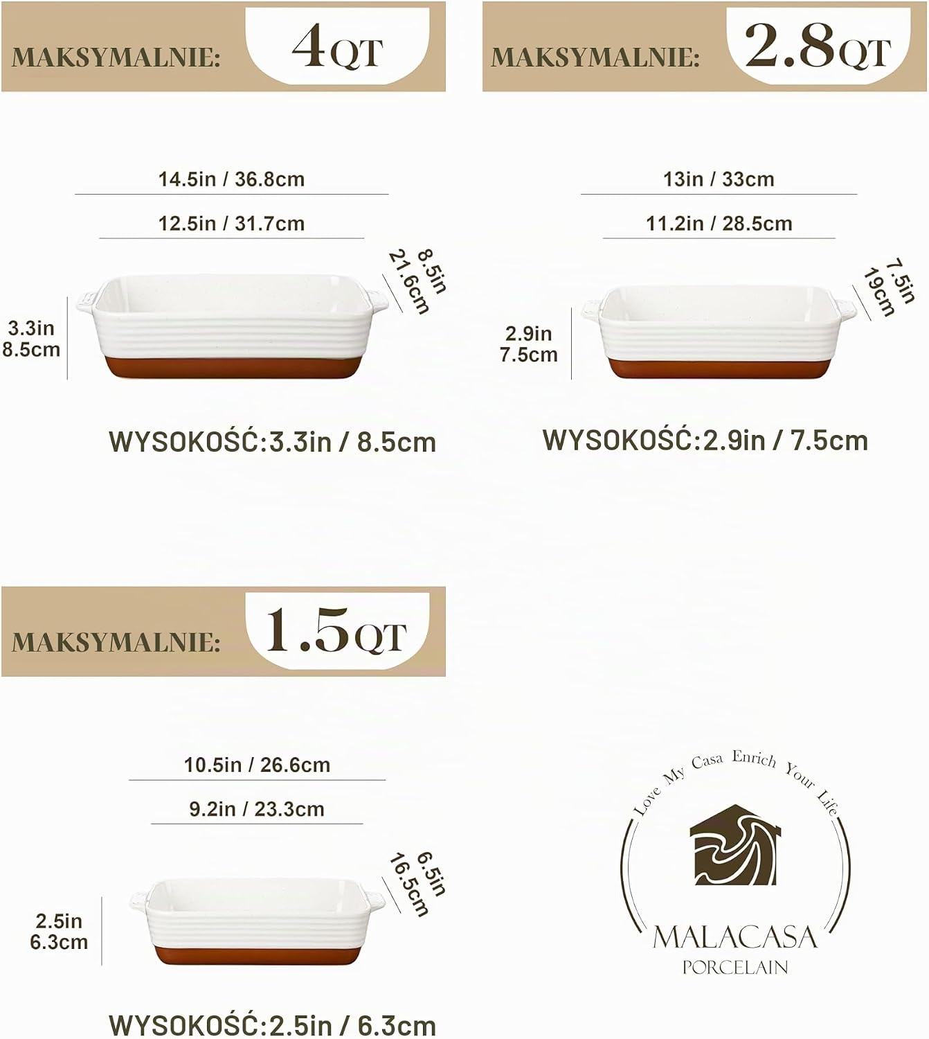 Thumbnail 1 de MALACASA TARA – ceramiczny zestaw 3 naczyń do zapiekania, 1,45–3,8 l, khaki i biel