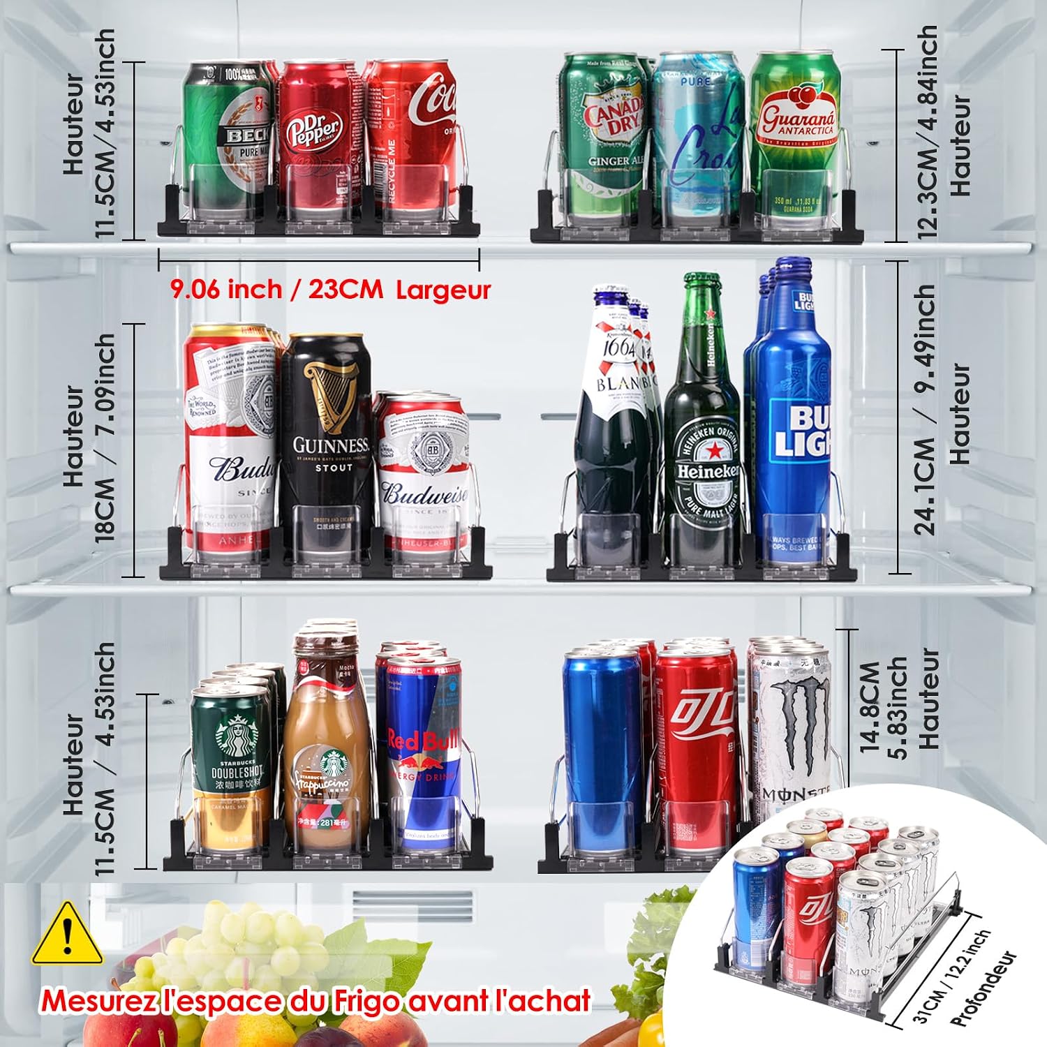 Detalle de BingoHive automatische blikjesdispenser voor koelkast, 12 blikjes, 3 rijen