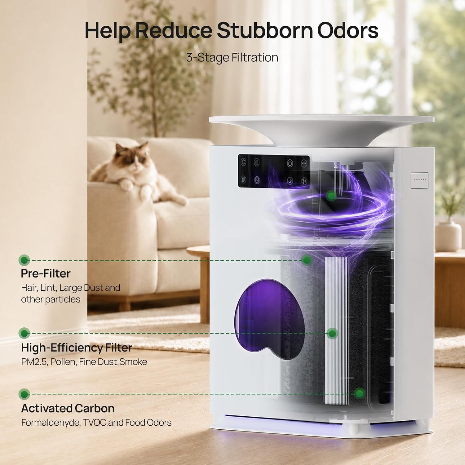 Detalle 2 de KNKA PetAir APH2500P Air Purifier with Bottom Hair Intake and Sleep Mode