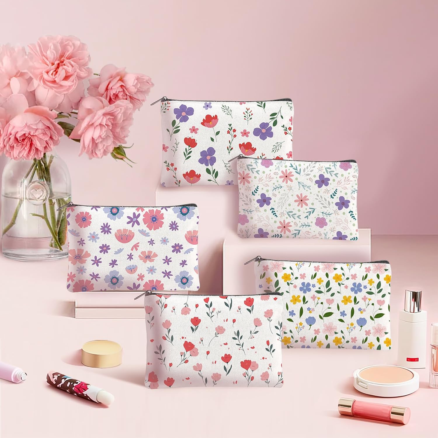 Detalle de TWINKLEMON 20–Piece Flower Canvas Makeup Bag Set: Floral Zipper Pouches for Everyday Organisation