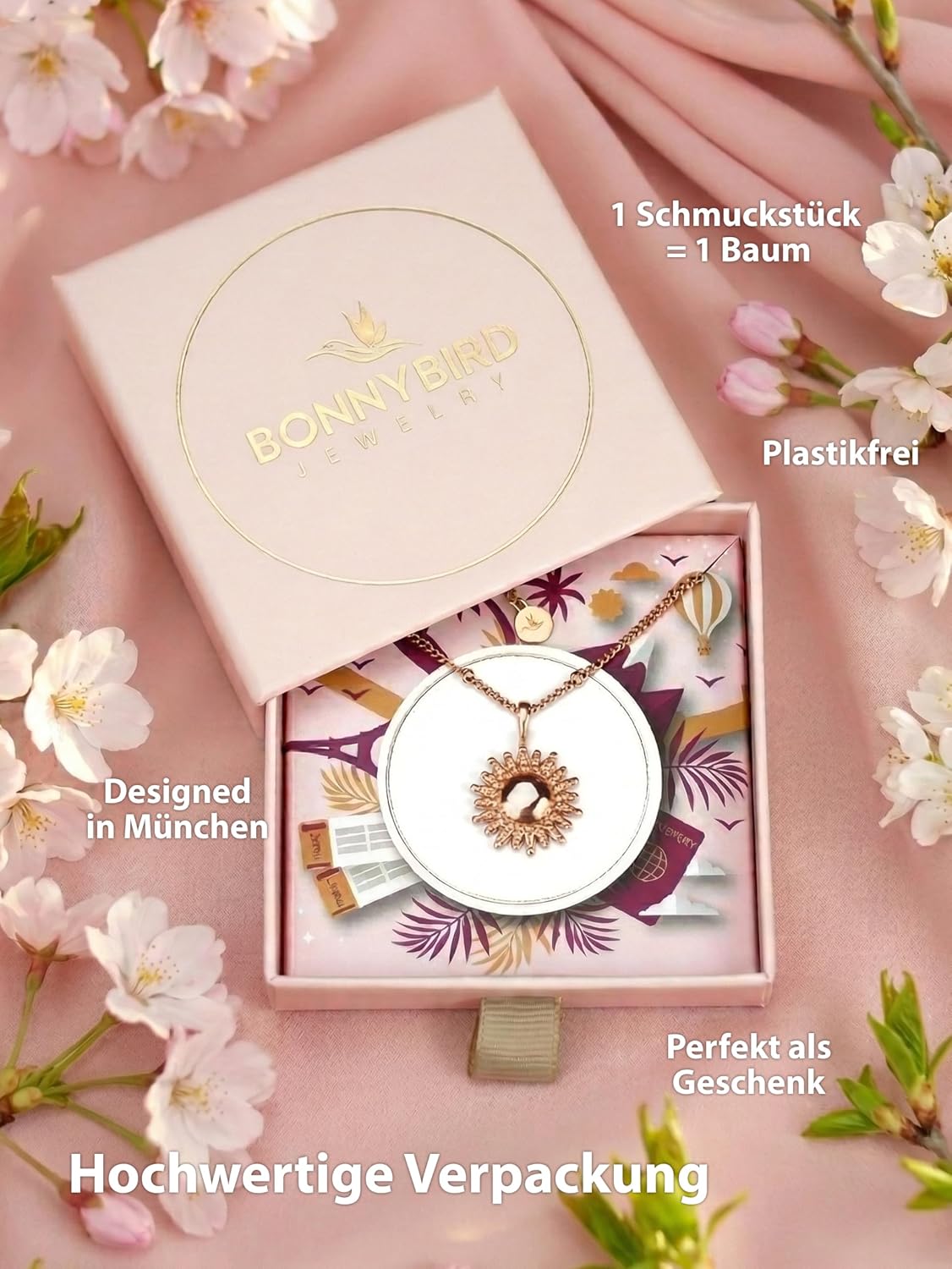 Detalle 2 de BONNYBIRD BonnySun wasserfeste Edelstahlkette Sonne für Damen (Silber, Gold & Roségold) – 100% wasserfest & hautverträglich