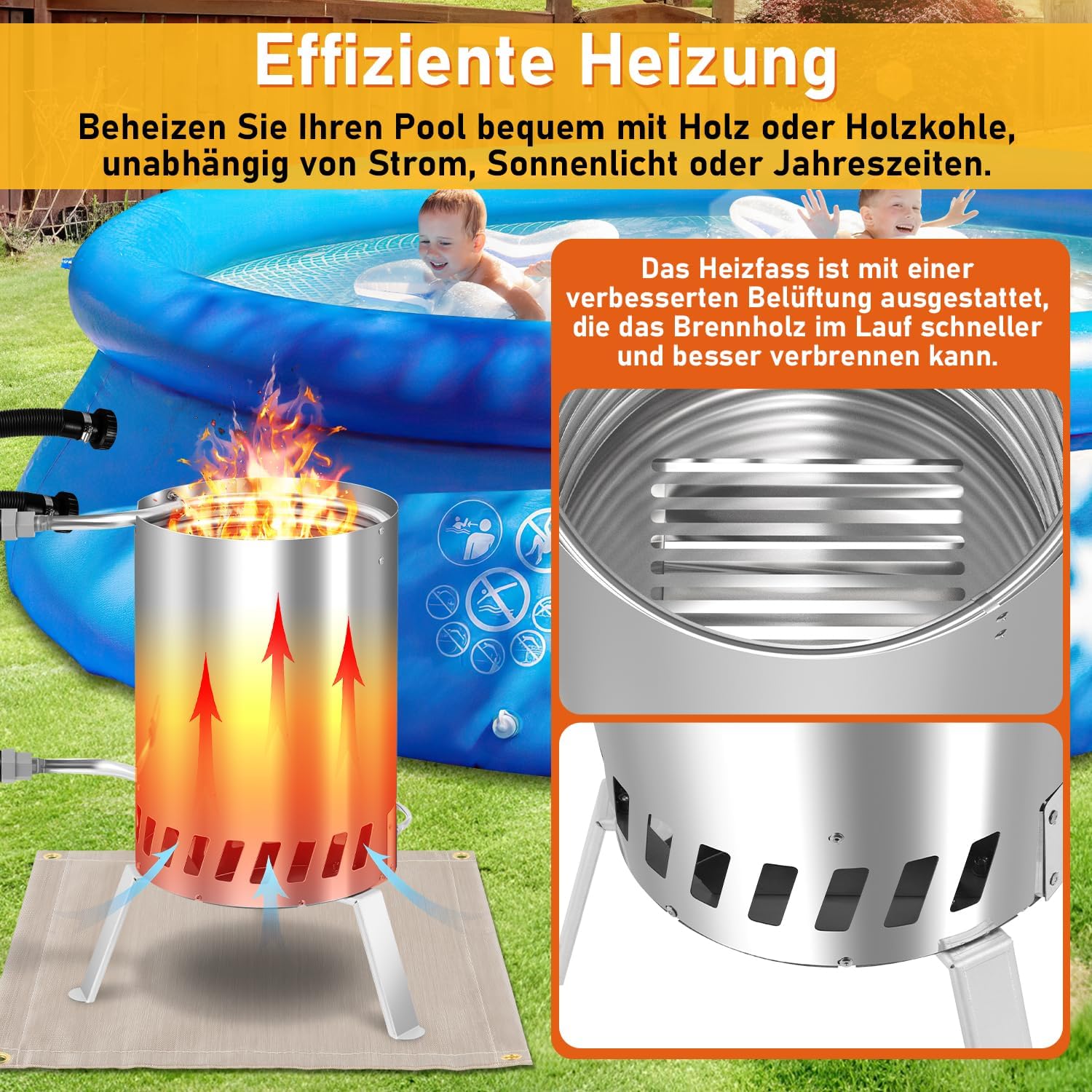 Thumbnail 3 de Vigevee Brennholz Poolheizung mit Feuertonne aus Edelstahl – für 32/38 mm Anschlüsse