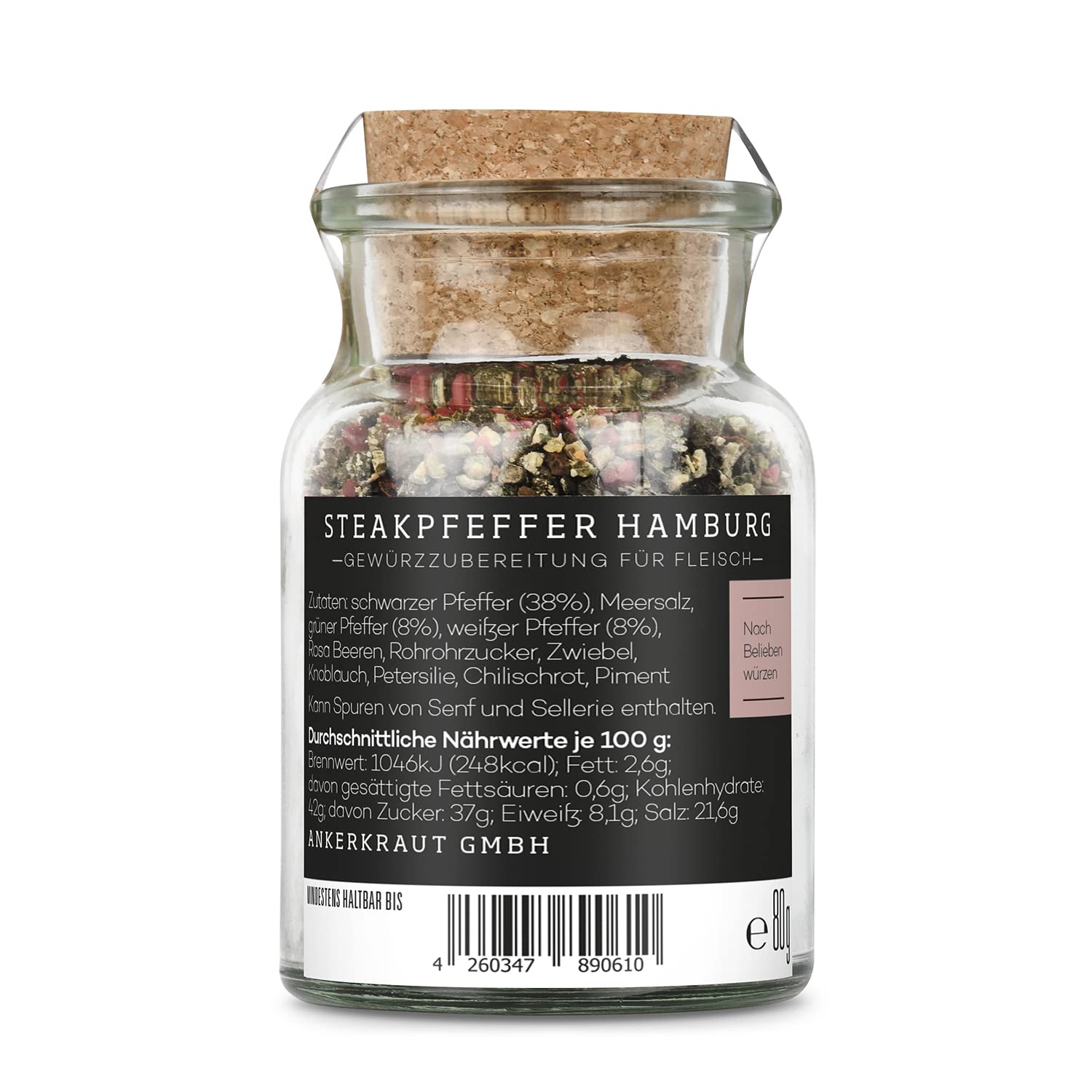 Detalle de Ankerkraut Steakpfeffer Hamburg – Grober Pfefferkörner-Mix im Korkenglas (80 g) für Steak und Allround-Küche