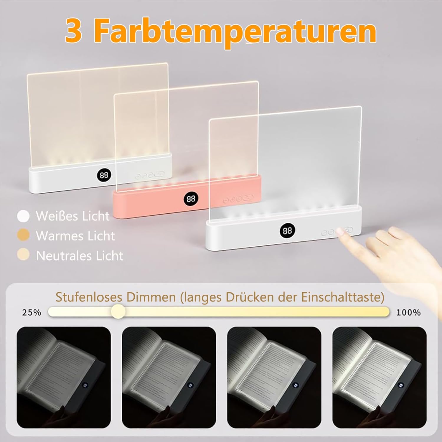 Thumbnail 3 de Maxspace Leselampe fürs Buch mit Timer, dimmbaren LEDs & 3 Lichtfarben (rosa)