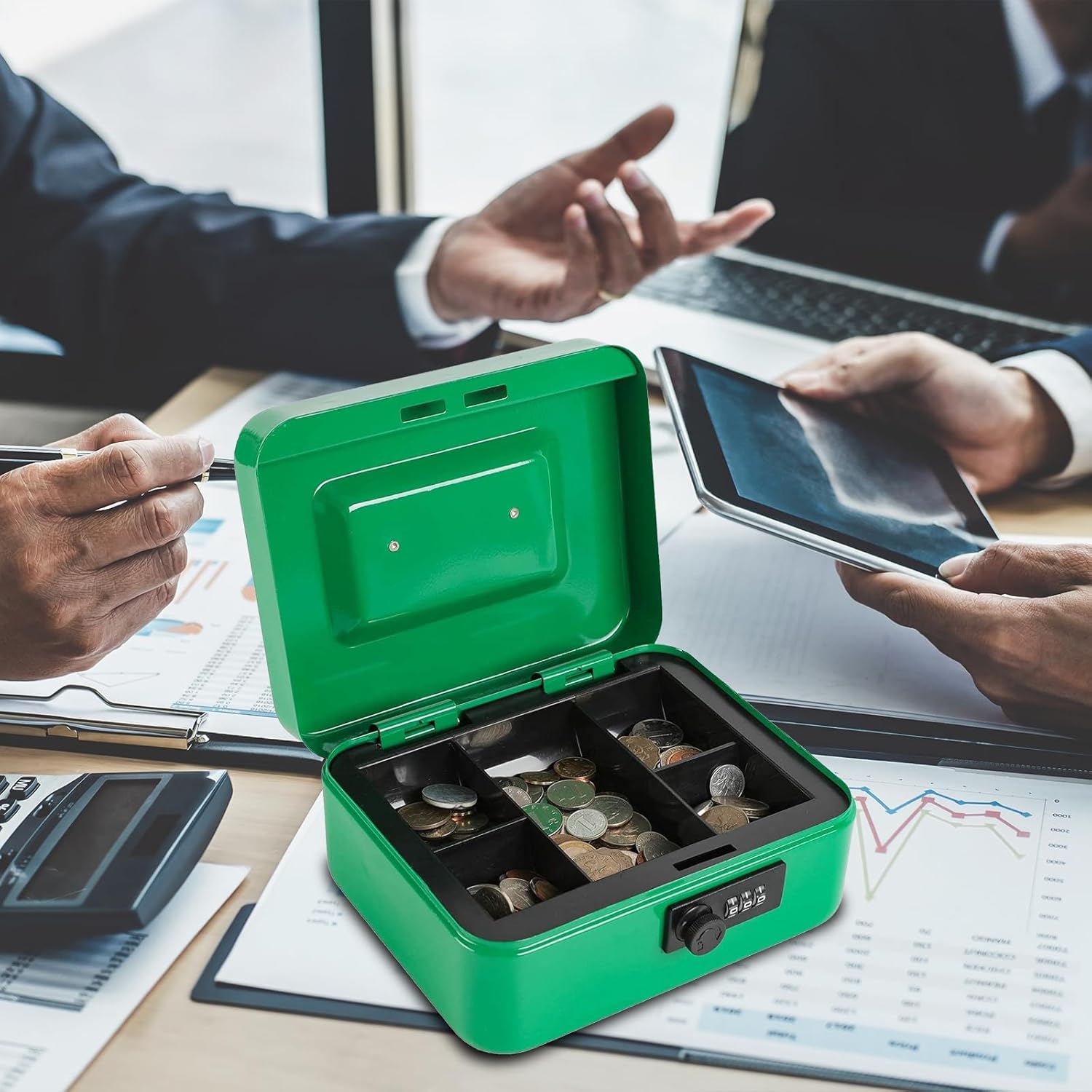Detalle 2 de xydled XYD-QX-CL-M-8016 Medium Steel Cash Box, Green, Combination Lock