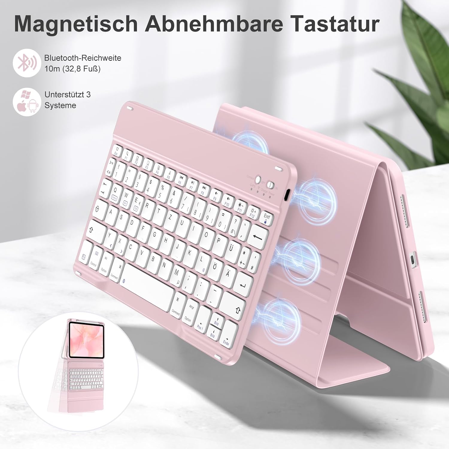 Detalle de DriveGo Hülle mit Tastatur für iPad A16 11. Gen. (2025) & 10. Gen. (2022) – Rosa, QWERTZ, magnetisch abnehmbar