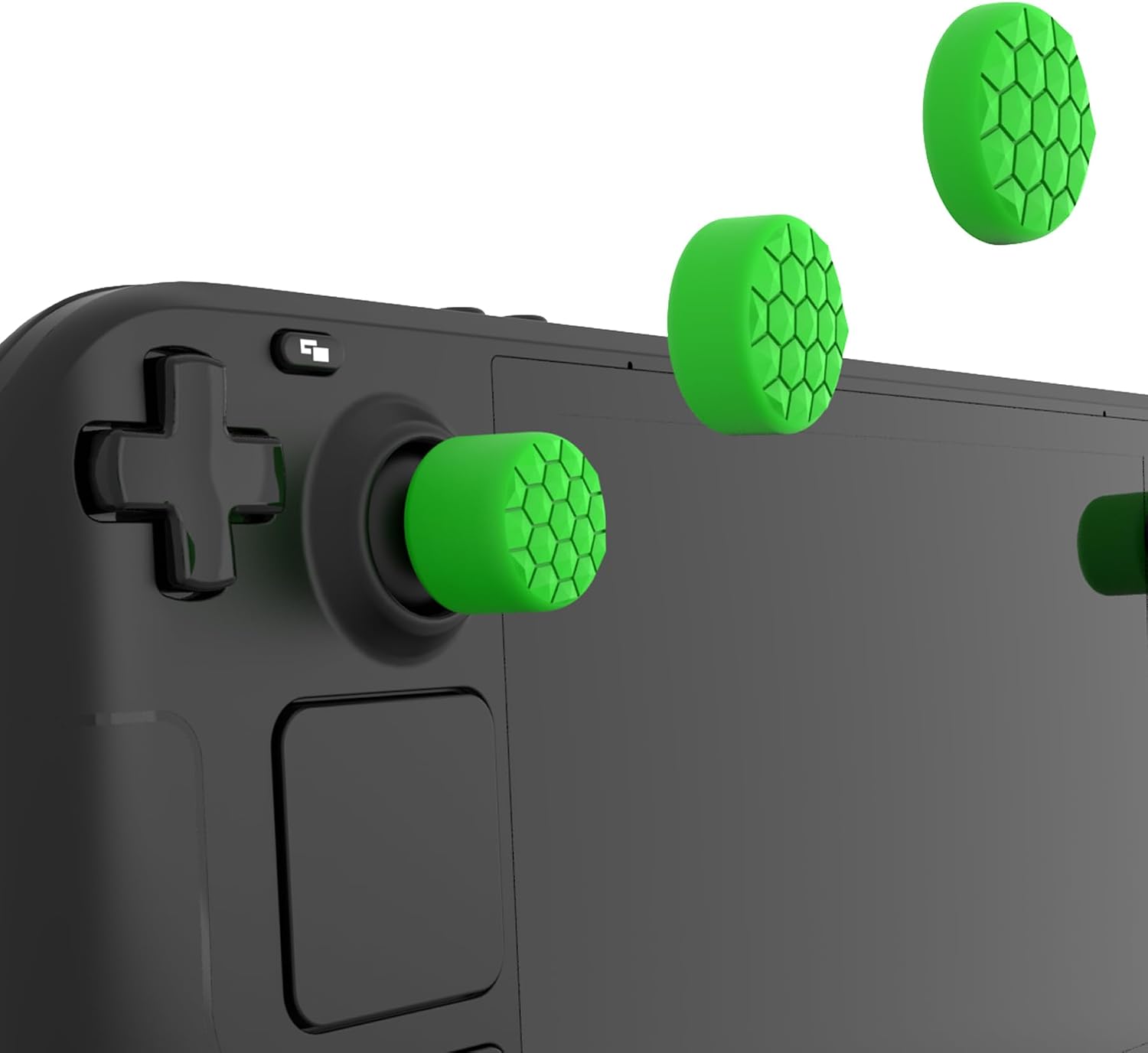 Detalle de PlayVital Green Ergonomic Stick Caps Thumb Grips for Steam Deck LCD & OLED and PS Portal Remote Player — 10-Pack