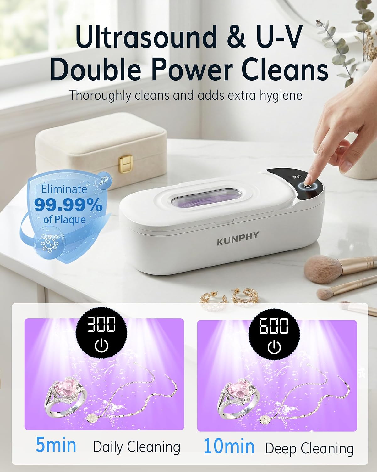 Detalle de KUNPHY Ultrasonic Jewellery Cleaner — 400ml Large Capacity with UV Light