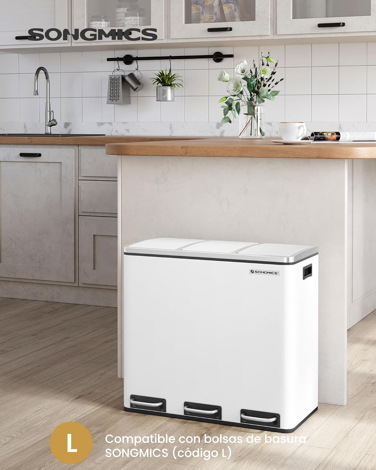 Detalle 2 de SONGMICS cubo de basura 3 compartimentos 18 L