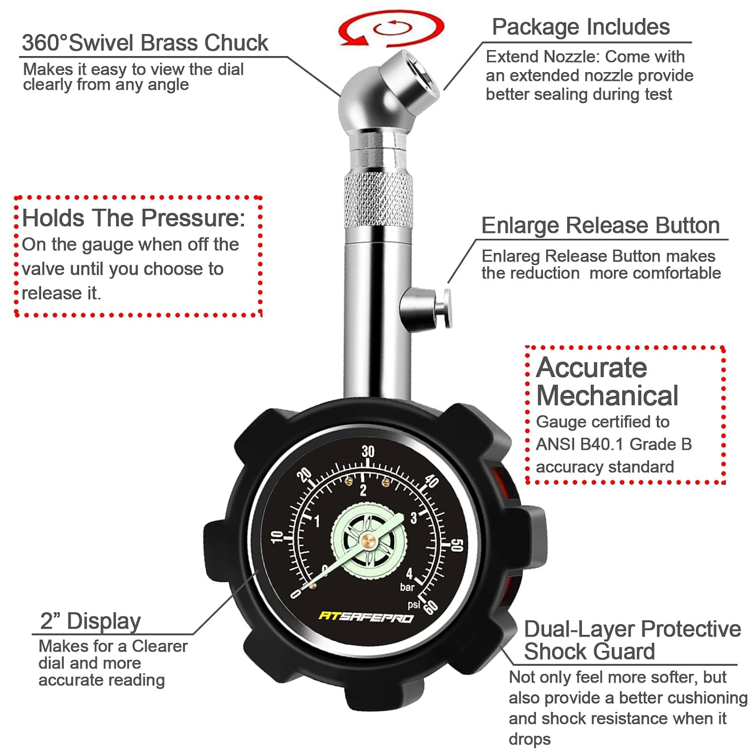 Detalle 2 de ATsafepro Tyre Pressure Gauge UK 4 bar / 60 psi with Glow Dial – Durable Mechanical Gauge for Cars, Trucks and Motorcycles