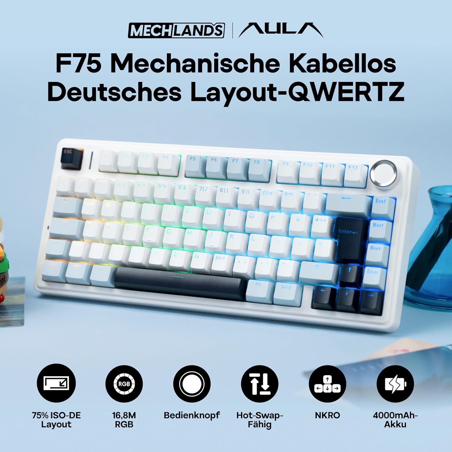 Detalle de MechLands Aula F75 75% Mechanische Tastatur (QWERTZ ISO-DE) – Tri-Mode, RGB, Hot-Swap, Reaper Linear