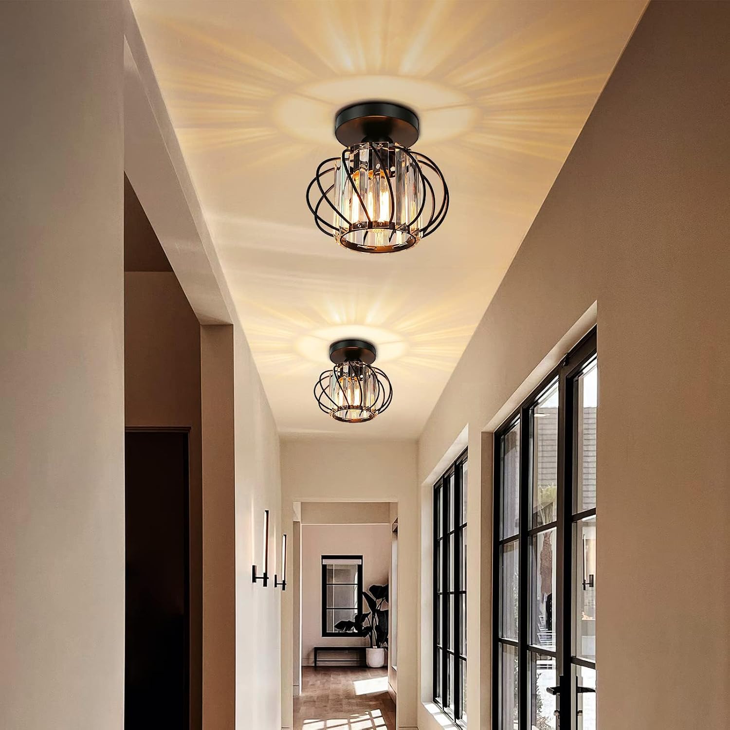 Detalle de FRIDEKO HOME Modern Crystal Flush Ceiling Light Fixture (Black) – Industrial 2 Pack, E27
