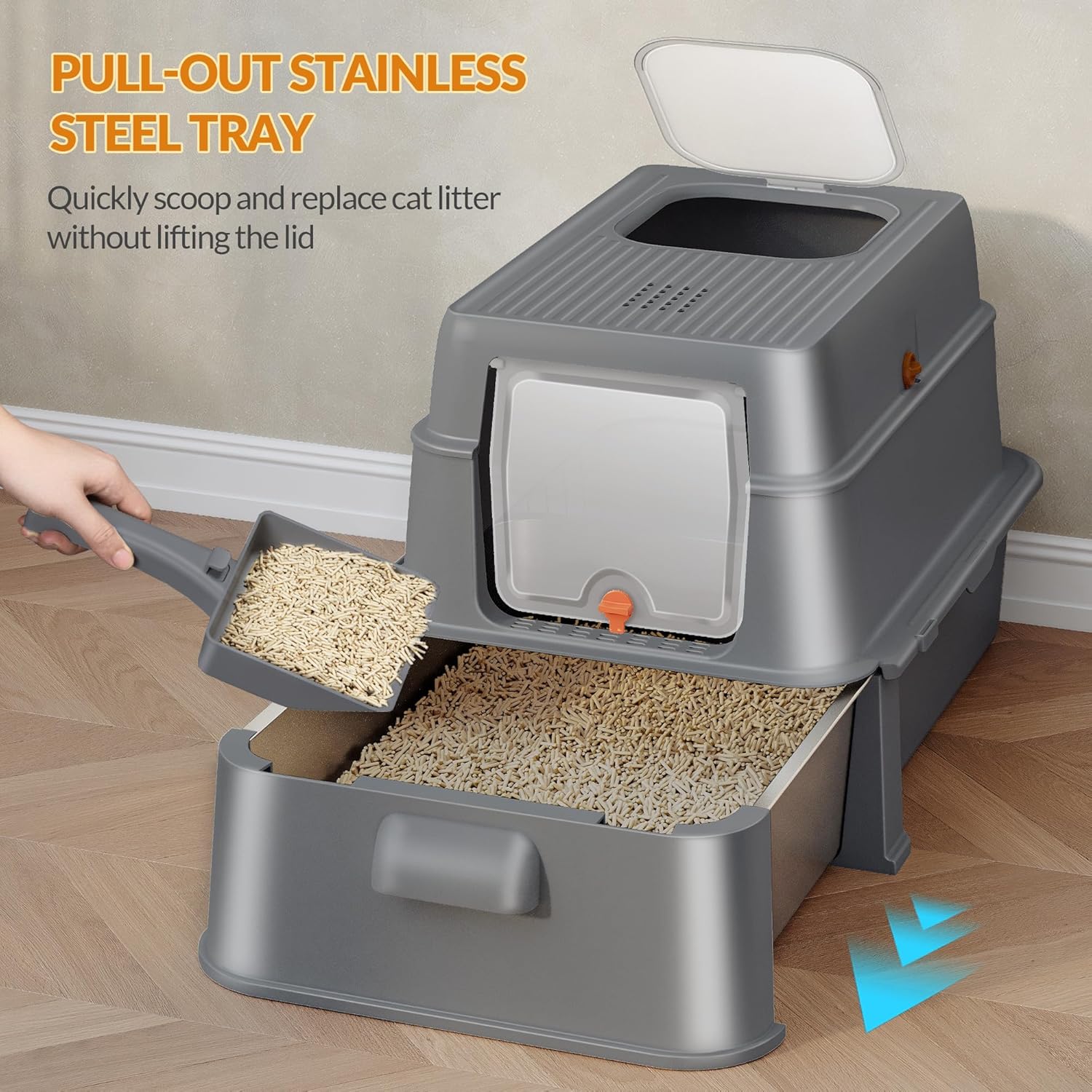 Detalle de Lettiera in acciaio inox Fobyfurny con cassetto e coperchio – XXL 65L x 44I x 40H cm