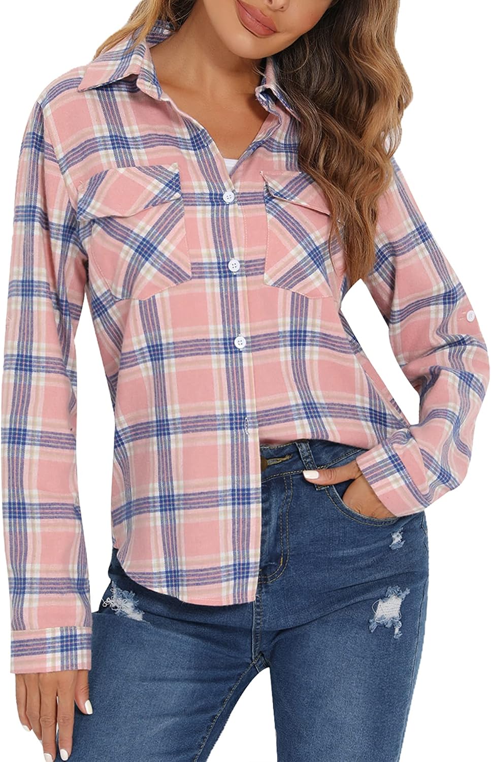 Thumbnail 6 de Women’s 100% Cotton Flannel Plaid Shirt Blouse (Long Sleeve Button-Down, Boyfriend Fit)