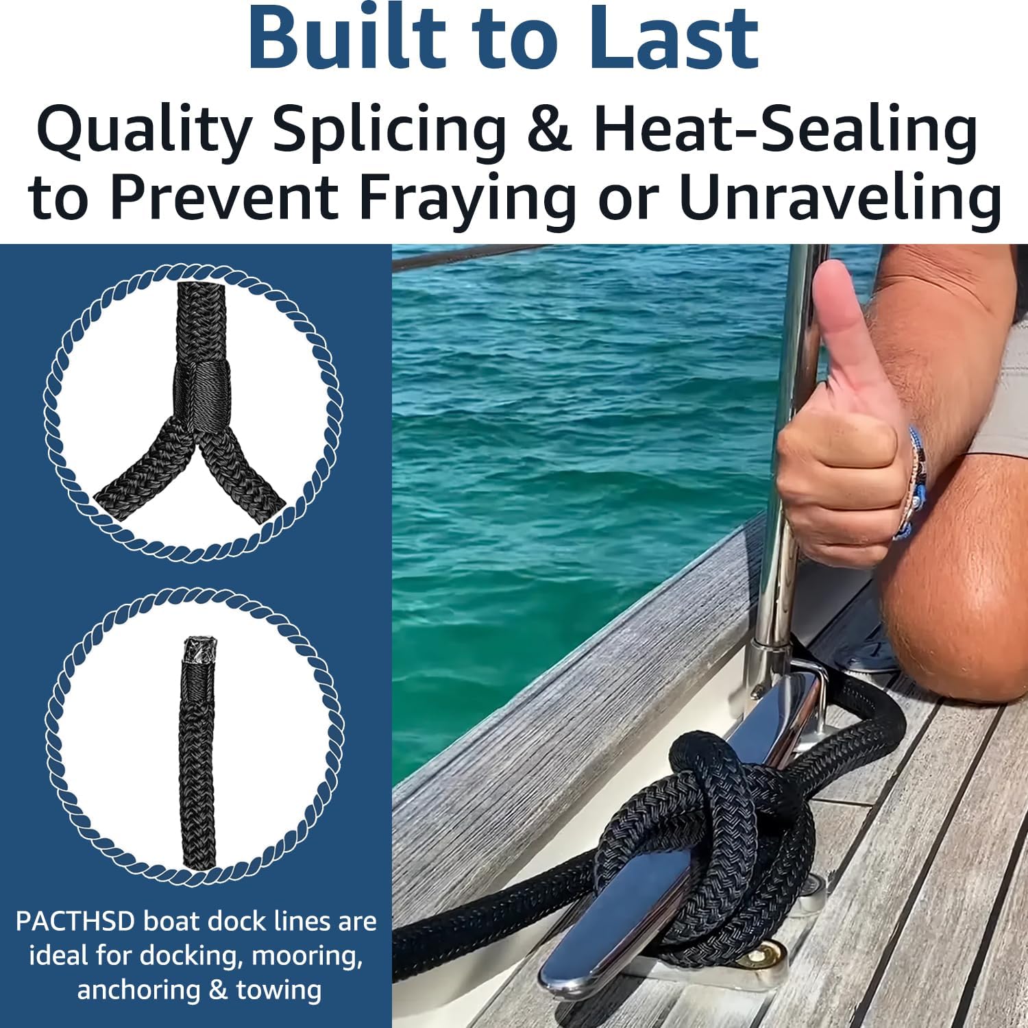 Detalle de PACTHSD 2-Pack 3/8" x 15' Dock Lines with 12" Loops, Double-Braided Marine-Grade Nylon (Black)
