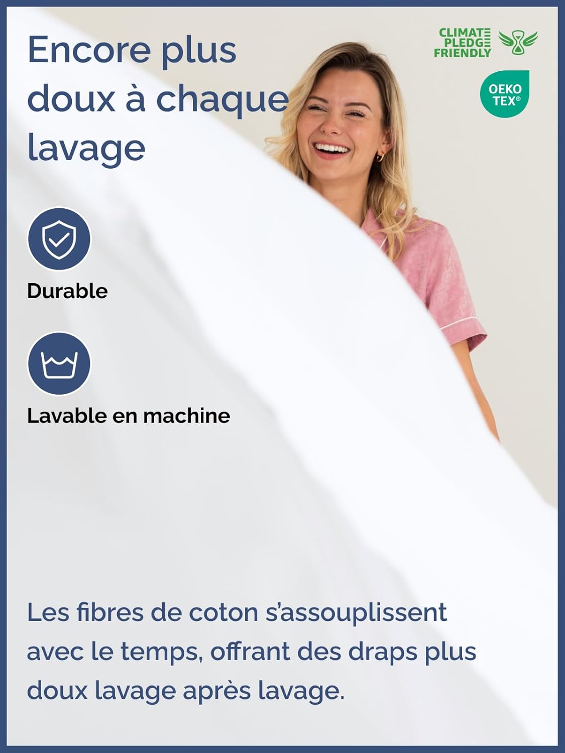 Thumbnail 5 de Drap-housse Grand Bonnet 90x190 cm – 100% coton doux 400 fils, OEKO-TEX, épais jusqu’à 30 cm, blanc