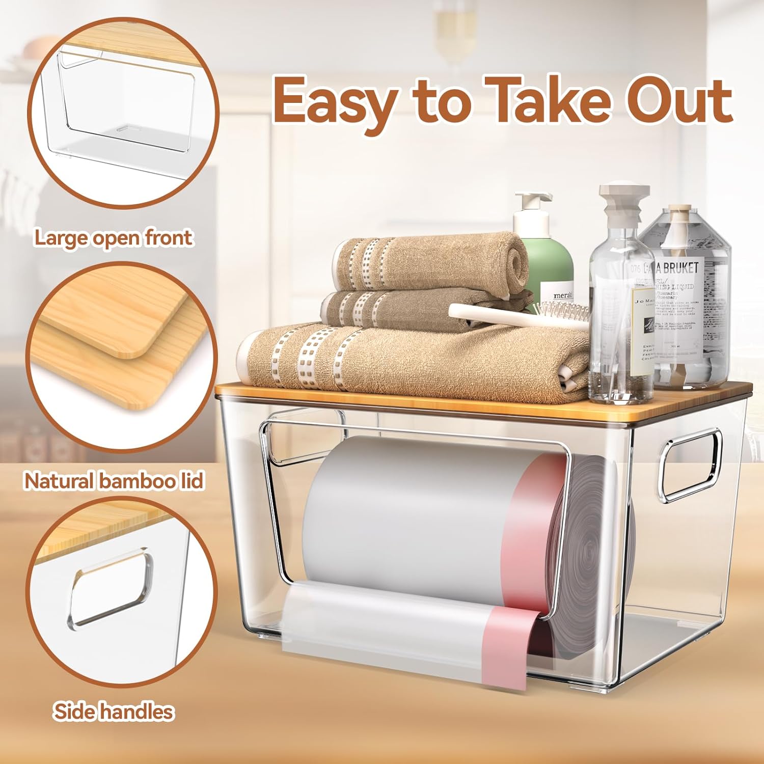Detalle 2 de spospo 2 Pack Trash Bag Holder with Bamboo Lid (Stackable, Extra-Large Clear Dispenser)