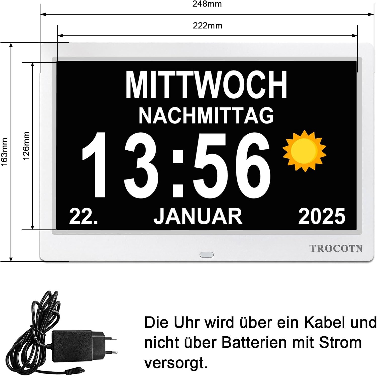 Thumbnail 2 de TROCOTN Demenz Uhr Senioren – digitale 10-Zoll-Demenzuhr/Wecker mit Großdisplay (weiß)