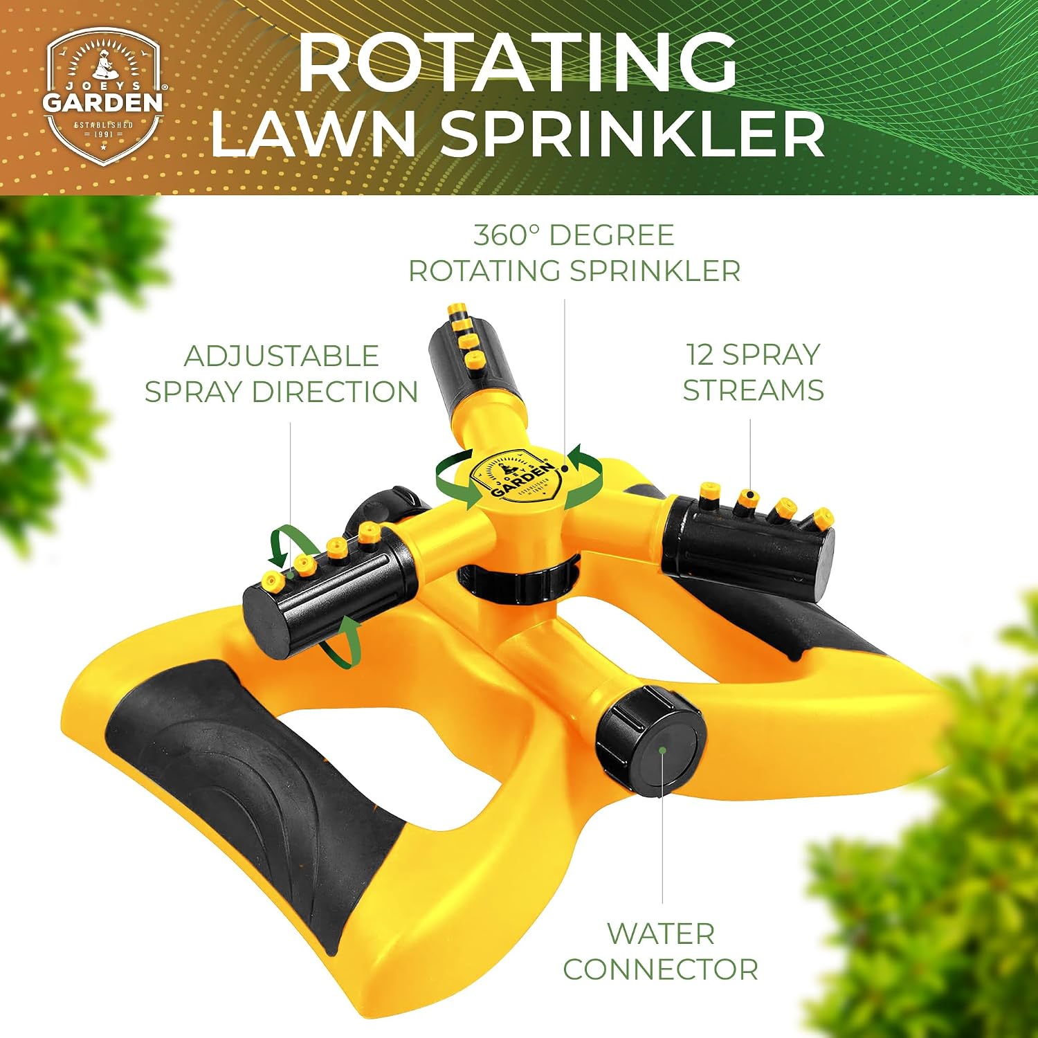 Detalle 2 de Joeys Garden Sprinkler Rotating Lawn Sprinkler, 360° Coverage, Yellow