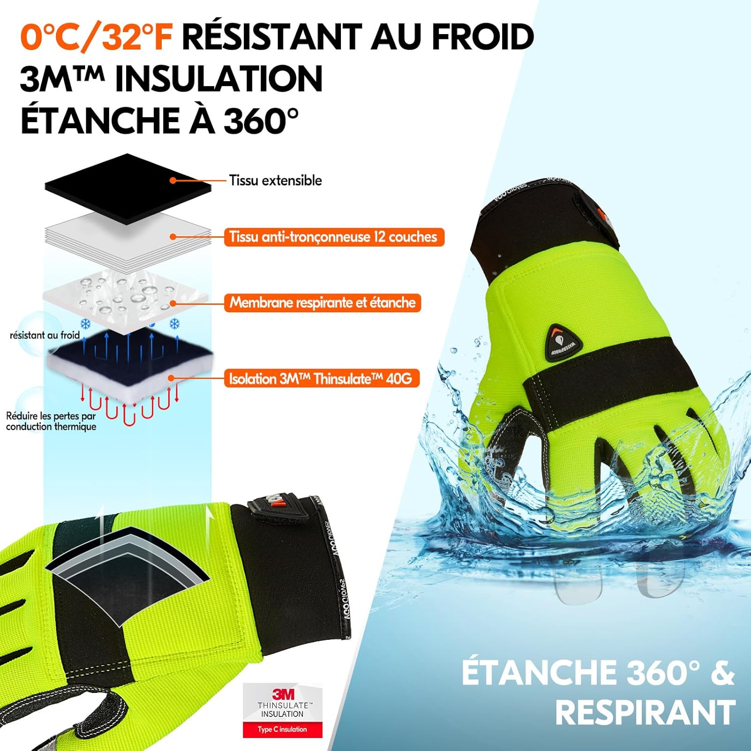 Thumbnail 1 de Vgo... Gants pour tronçonneuse – 0°C/32°F, 12 couches, cuir et TPU – GA8912FWCS