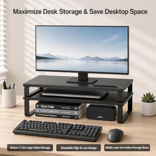Thumbnail 6 de DOMSHOCT Dual Monitor Stand Riser with 3 Configurations — Adjustable, Stackable Carbon Steel Desk Organiser