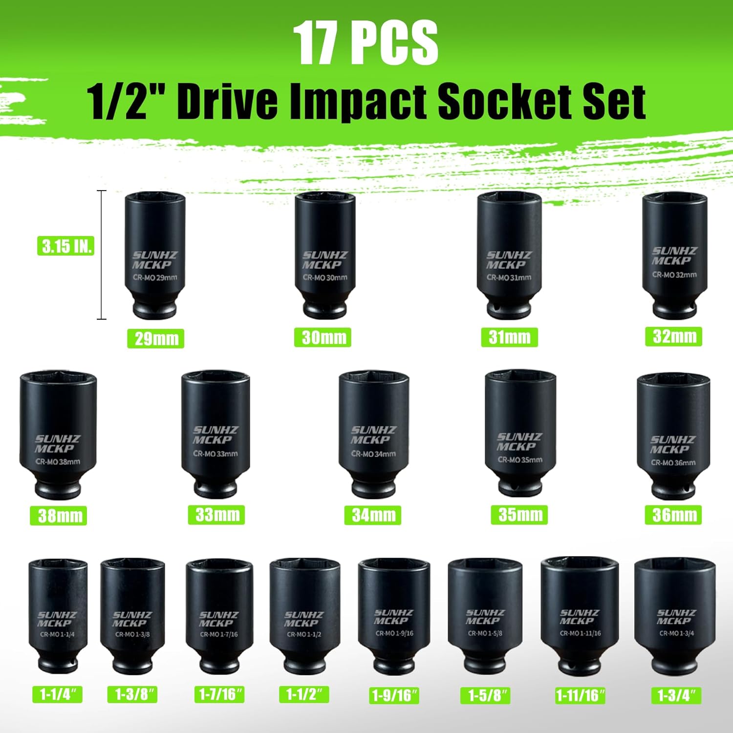 Thumbnail 1 de SUNHZ MCKP 1/2" Drive Deep Impact Socket Set (17-Piece) for Axle Nuts, CR-MO, SAE + Metric