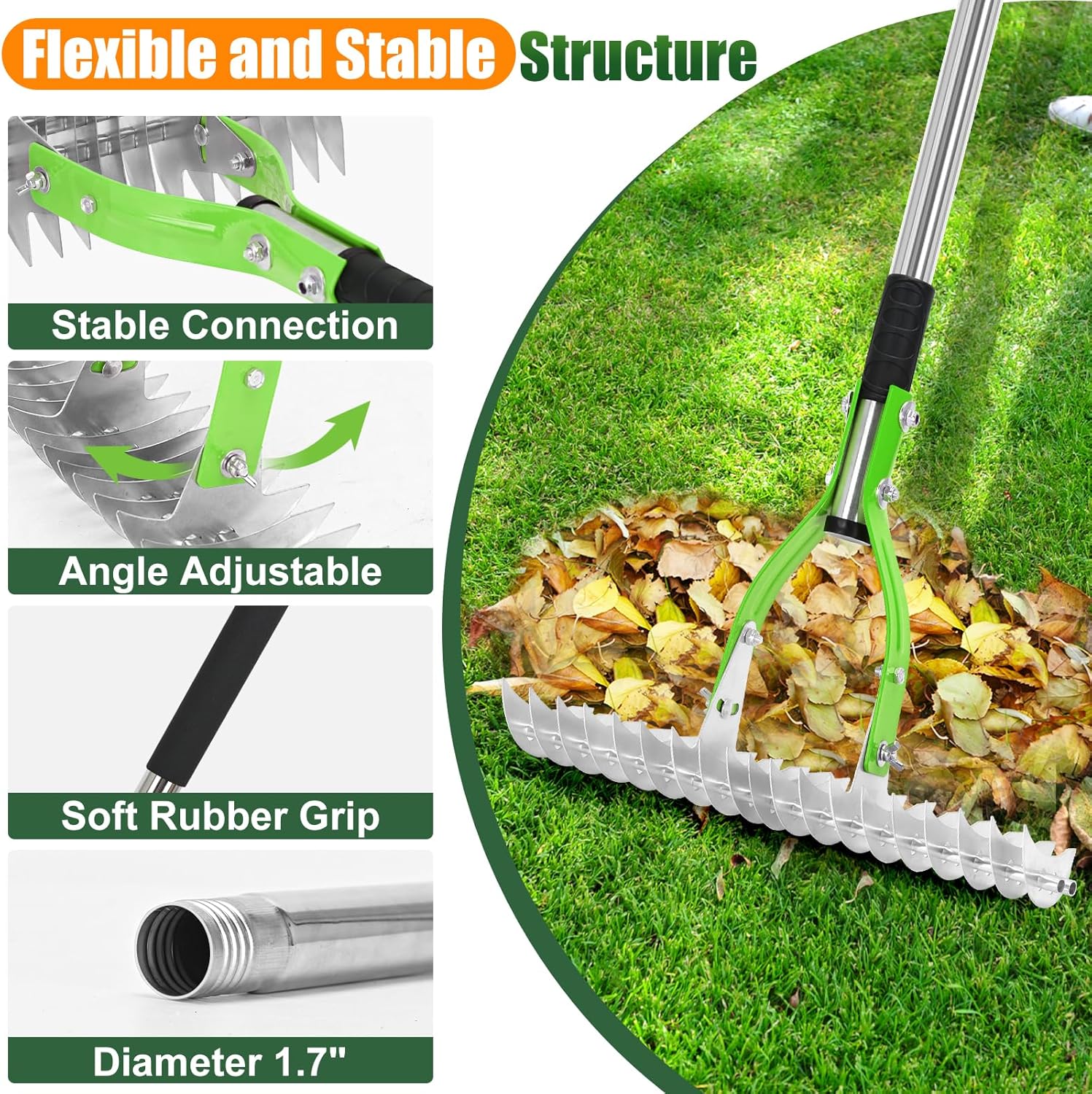 Detalle 2 de Lychee Garden Rake: 15-Inch Thatching Rake with 19-Gallon Bag & Gloves (Green)