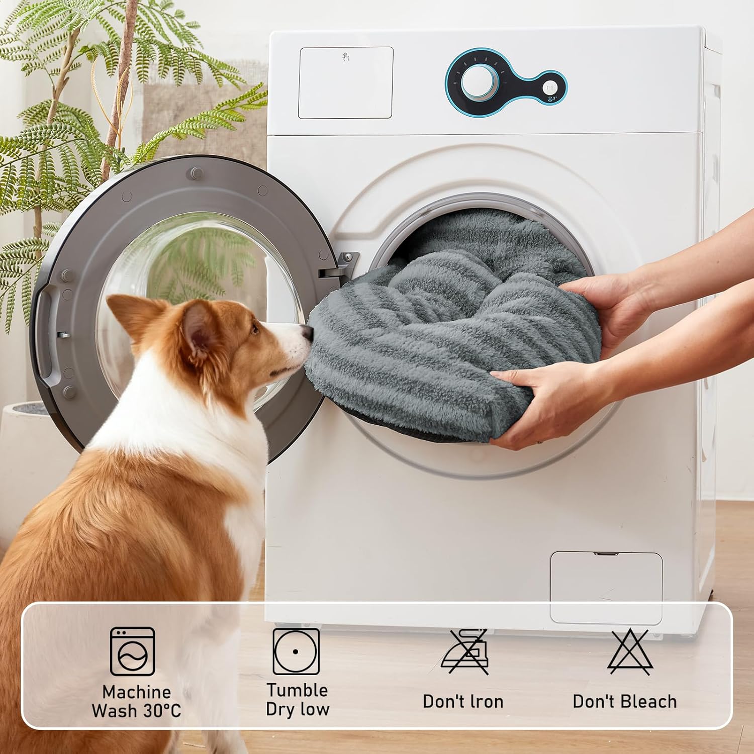 Detalle 2 de Pawk Large Dog Bed Washable – Fluffy Plush Fur Calming Mattress (102 × 69 × 9 cm), Grey