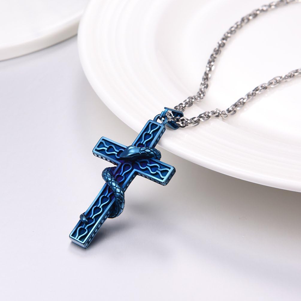 Thumbnail 3 de Collier PROSTEEL unisexe avec pendentif croix et serpent en acier inox 316L, émail bleu (style punk rock)