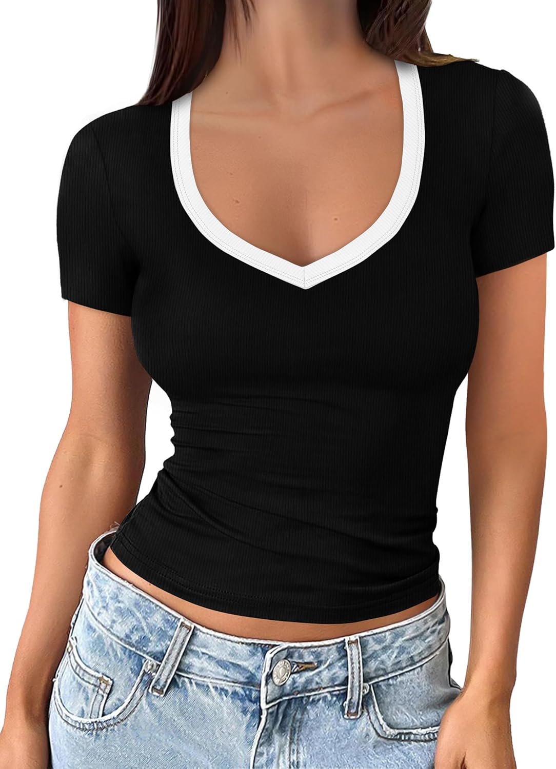 Thumbnail 1 de Sampeel Women’s V-Neck Short Sleeve Ribbed T-Shirts (Slim Fit) — soft rayon/spandex everyday tees